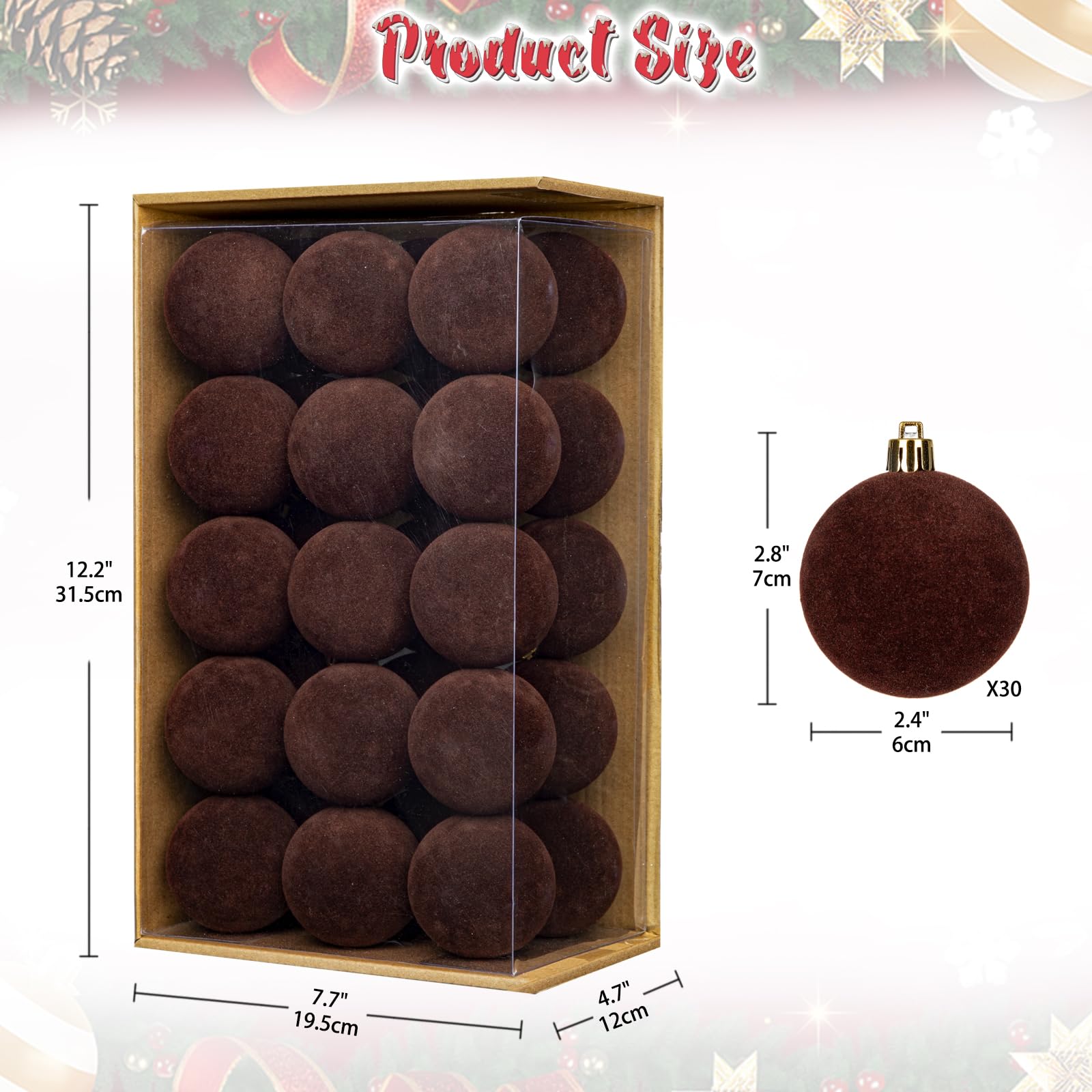 Briful Lot de 30 boules de Noël en velours, Boules de décoration de sapin de Noël incassables de 6 cm, Petites boules de Noël marron avec finition en velours doux pour la décoration de Thanksgiving de