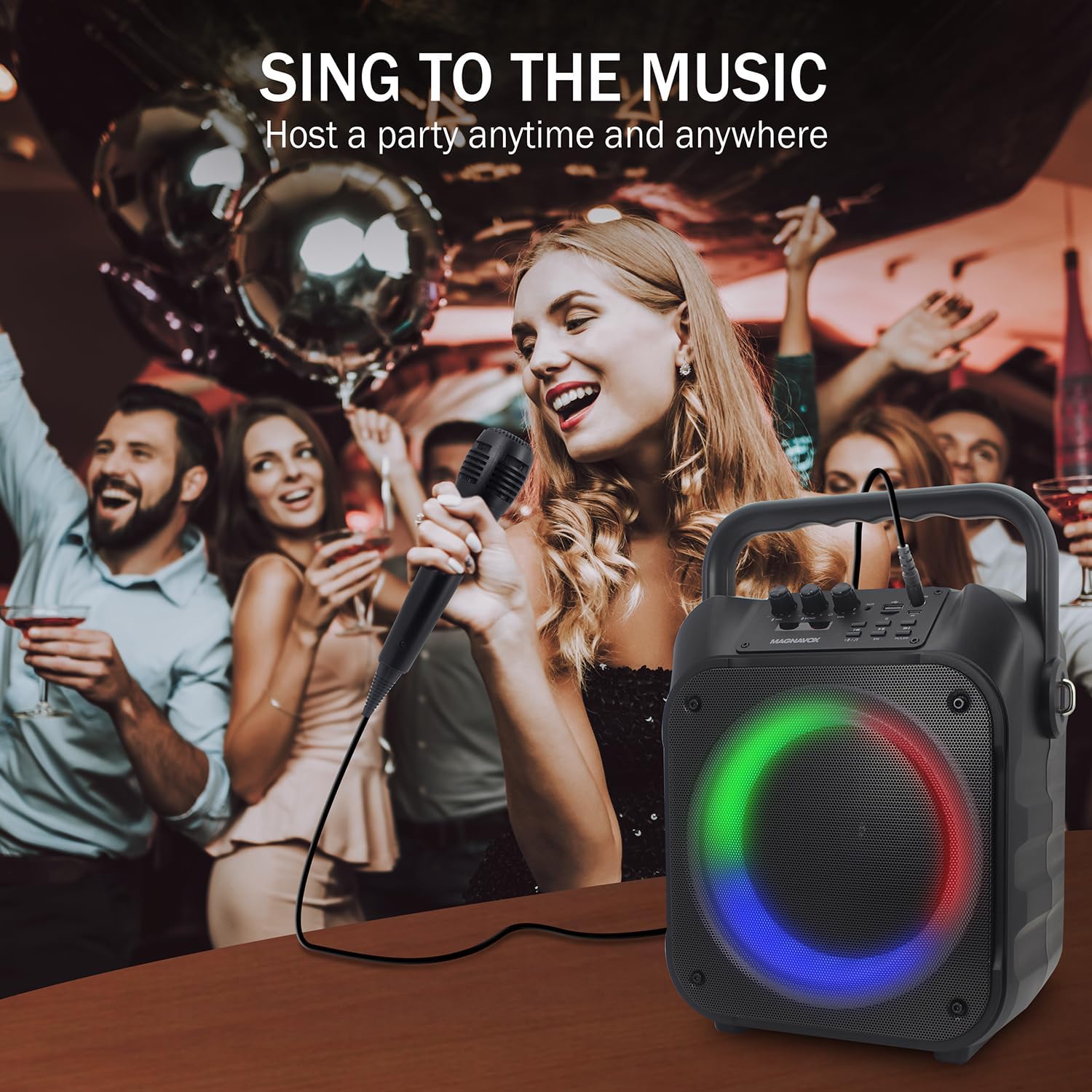 Magnavox MHT778 Portable Karaoke System w/Lights, Bluetooth, 12W Output, USB/Micro SD/Aux Input, 1 Wired Mic, PA System at Home/on the go, Built in Rechargeable Battery, Big Sound in a Little Package