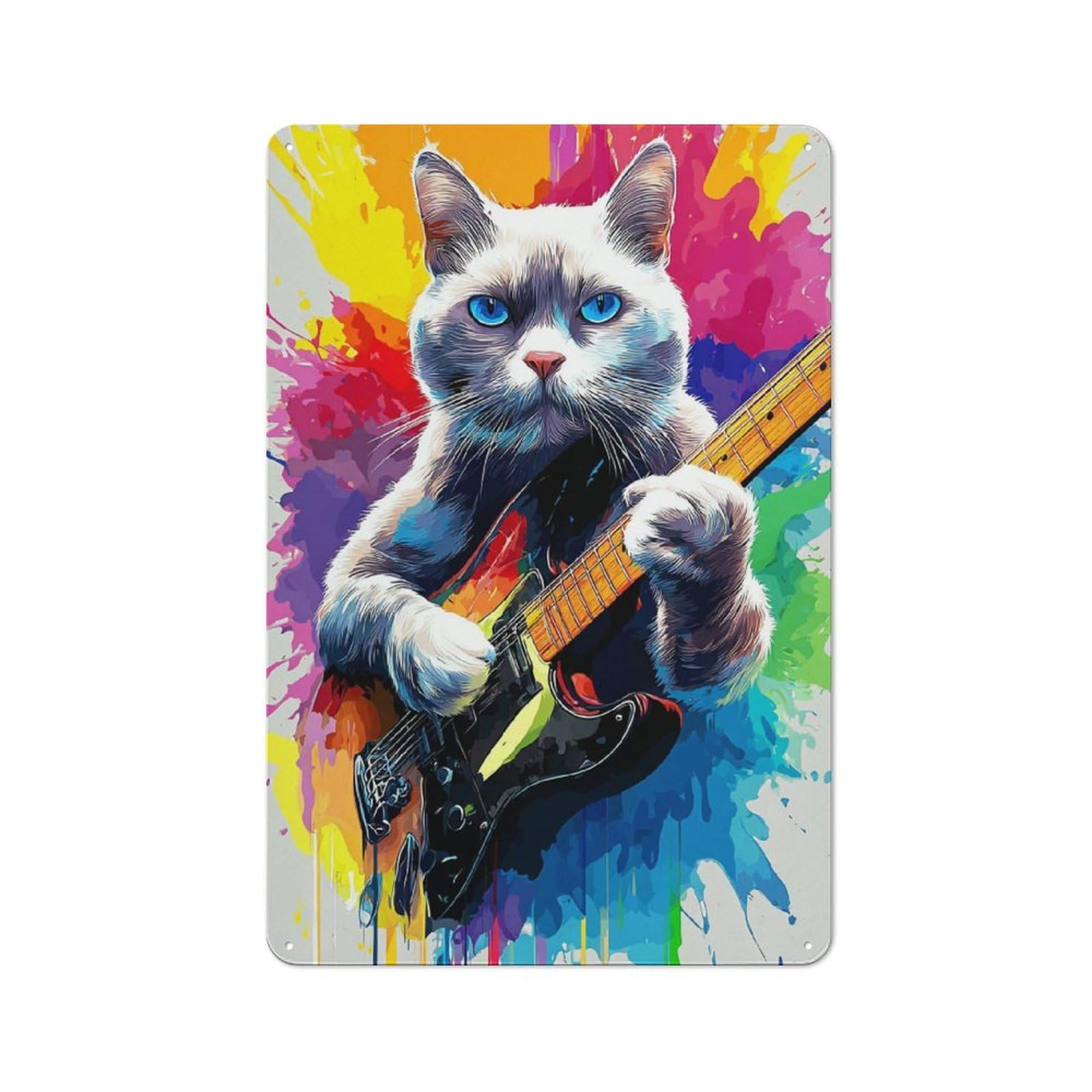 Junmoney Colorful Cat Guitarist Artwork Vintage Metal Sign 30X20cm, Bistro Style Bistro Wall Plaque For Tea Room, Shop Wall Or Breakfast Area