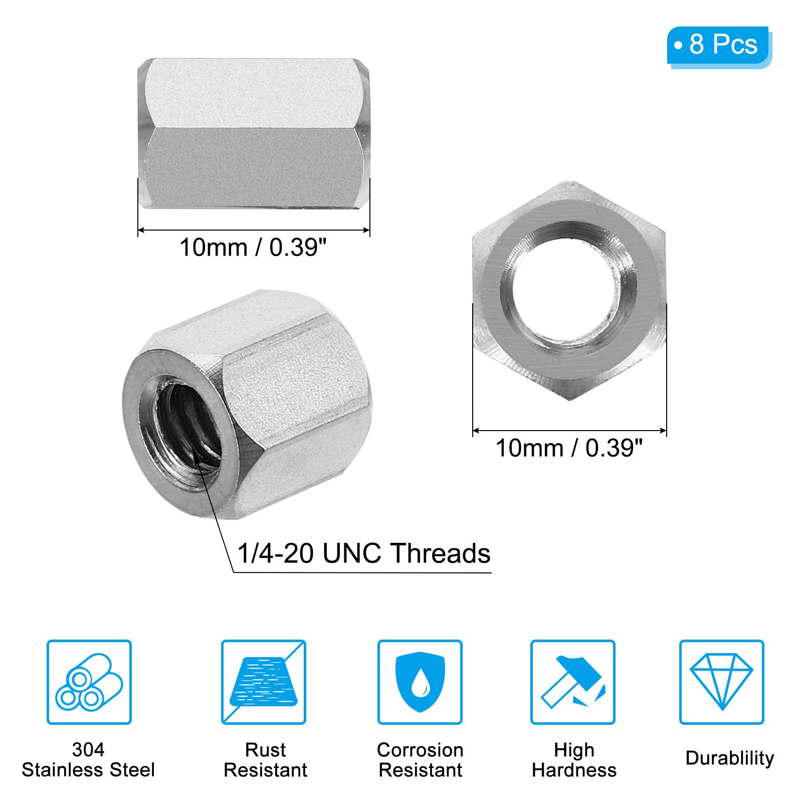 PATIKIL 1/4"-20 UNC 304 Stainless Steel Hex Coupling Nuts - Image 2