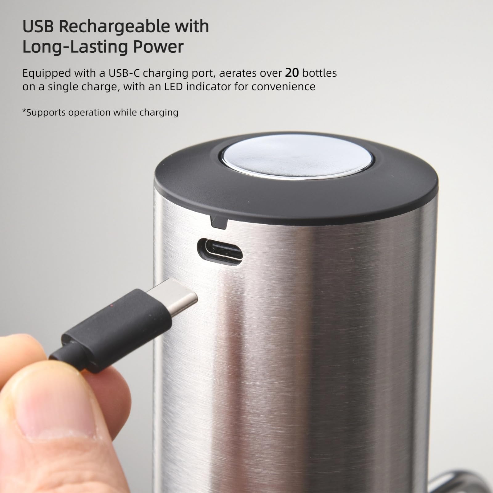 Juego de aireador y dispensador de vino eléctrico recargable, decantador de vino eléctrico con 2 tapones de vino al vacío, base de carga, acero inoxidable, vertedor de vino 4