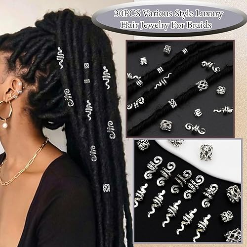 Miniatura 4 de 30 piezas de joyería para el cabello para trenzas, varios estilos, dijes plateados de serpiente para el cabello, anillos de aleación de metal,