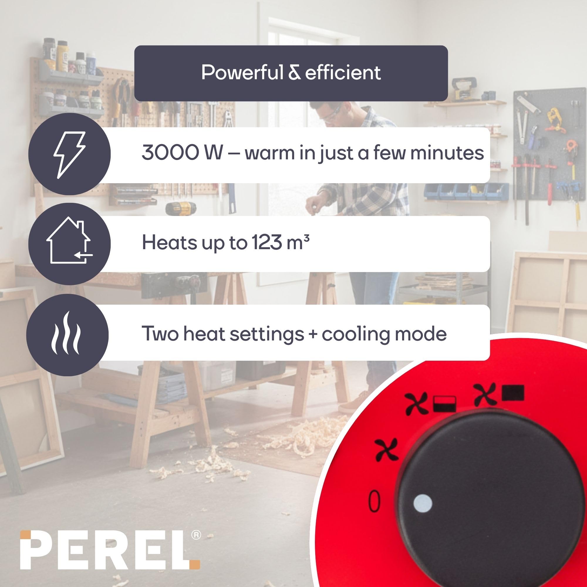 Perel Elektryczny grzejnik wentylatorowy 3000W, 2 poziomy grzania, termostat i funkcja chłodzenia, IP24, zabezpieczenie przed przegrzaniem, przenośny grzejnik do warsztatu lub garażu