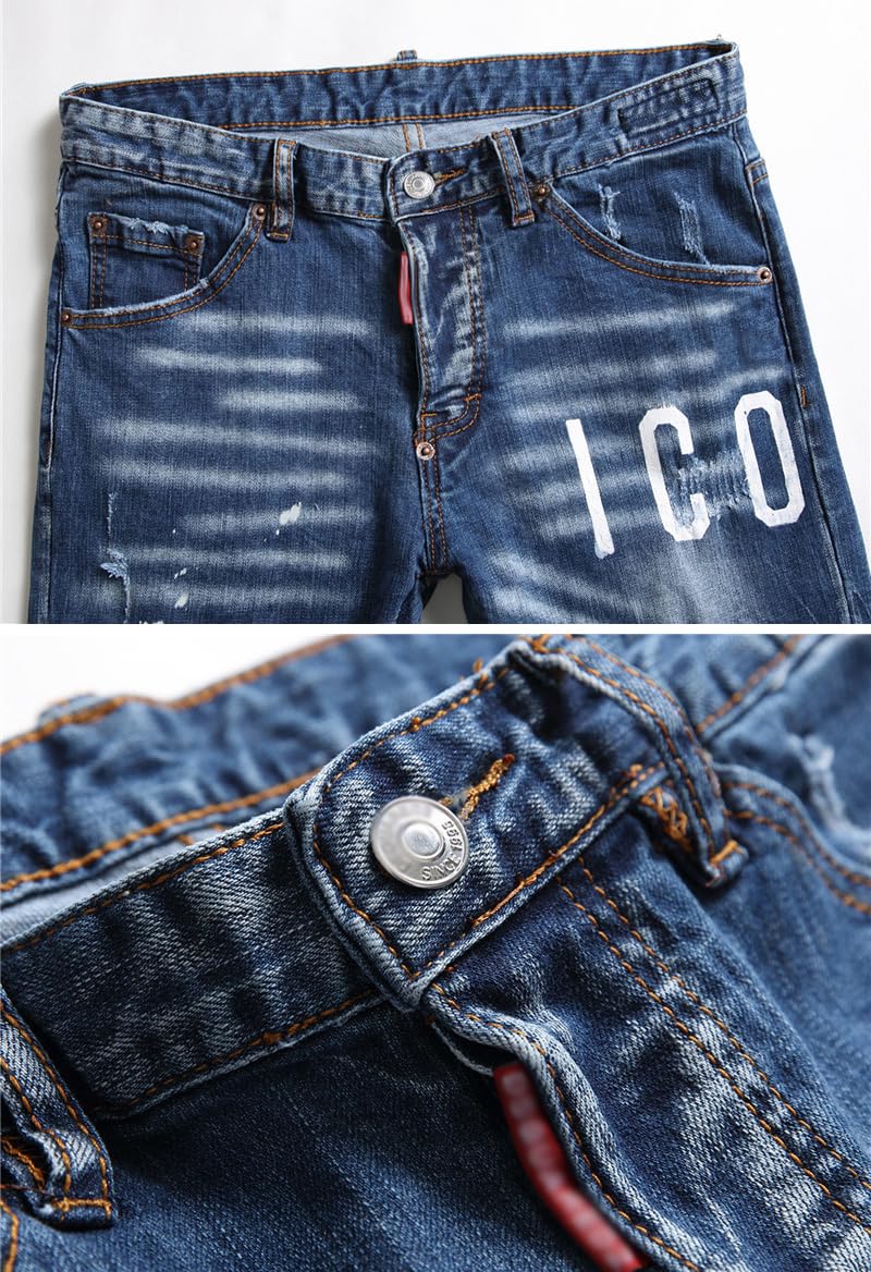 Jeans Uomo Slim Fit Strappati - Pantaloni in Denim Elasticizzato con Spruzzi di Inchiostro, Stile Urban e Streetwear Y2K