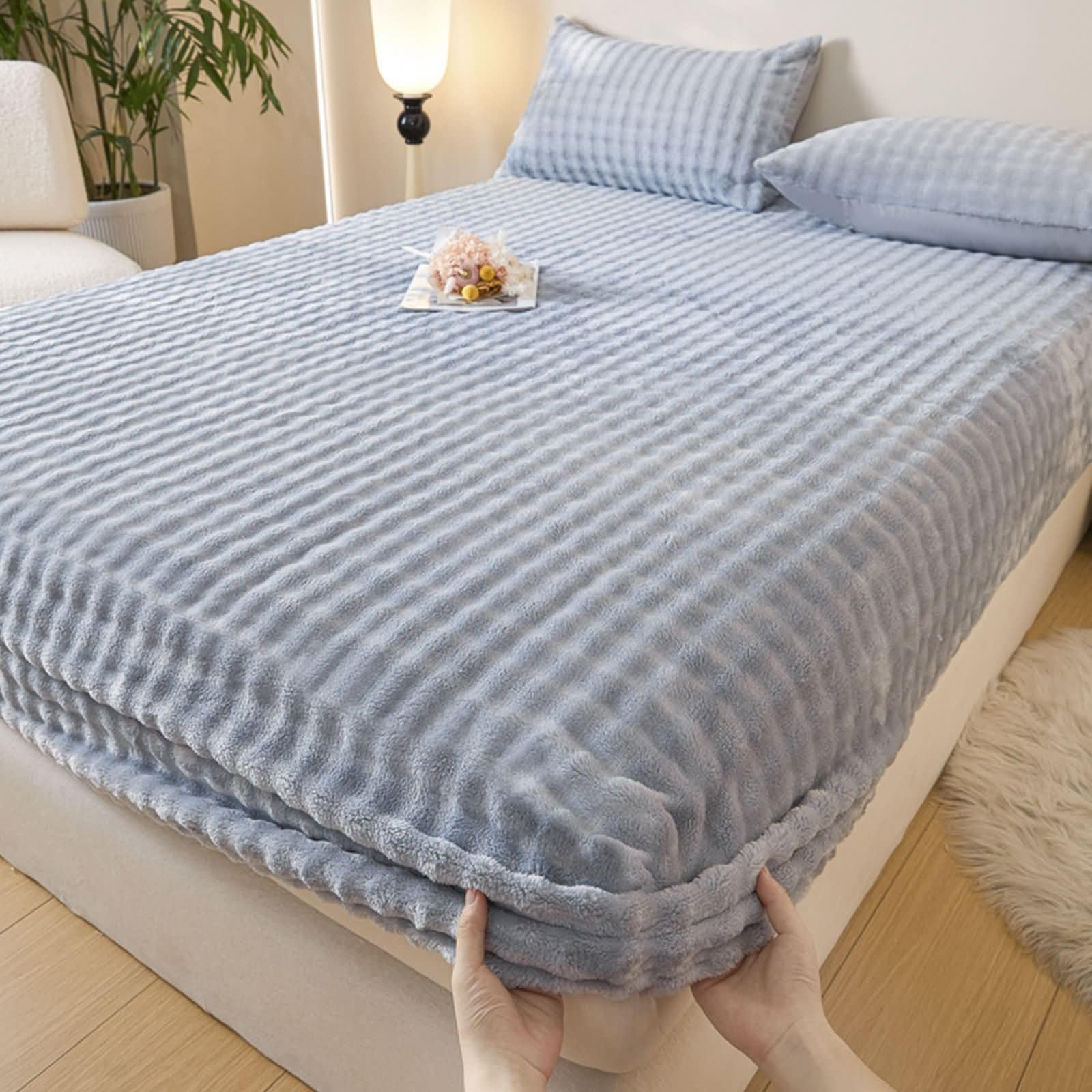 Pack de 3 Piezas Sabanas Terciopelo Bajera, Color Sólido, 200 x 220 CM + 2 Fundas de Almohada, Sabana Bajera Cama Matrimonio Gris