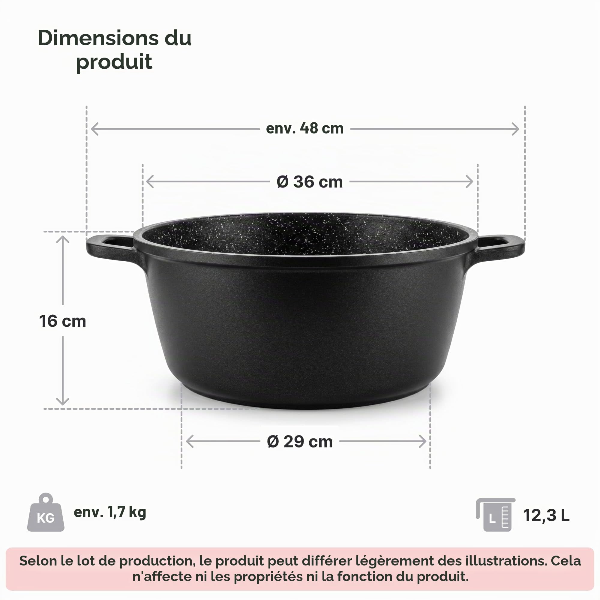 Casserole 13 L Marmite à soupe en fonte d'aluminium antiadhésive casserole à lait induction cocotte 36 cm avec couvercle en verre rôtissoire