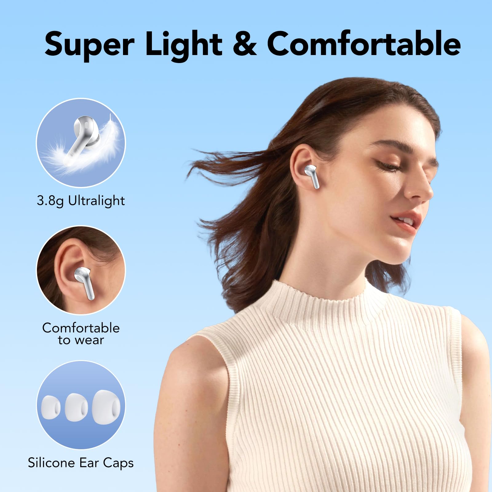 IKT Cuffie Bluetooth, 2024 Auricolari Bluetooth 5.3 Stereo HiFi con 4 HD Mic, Bianco classico