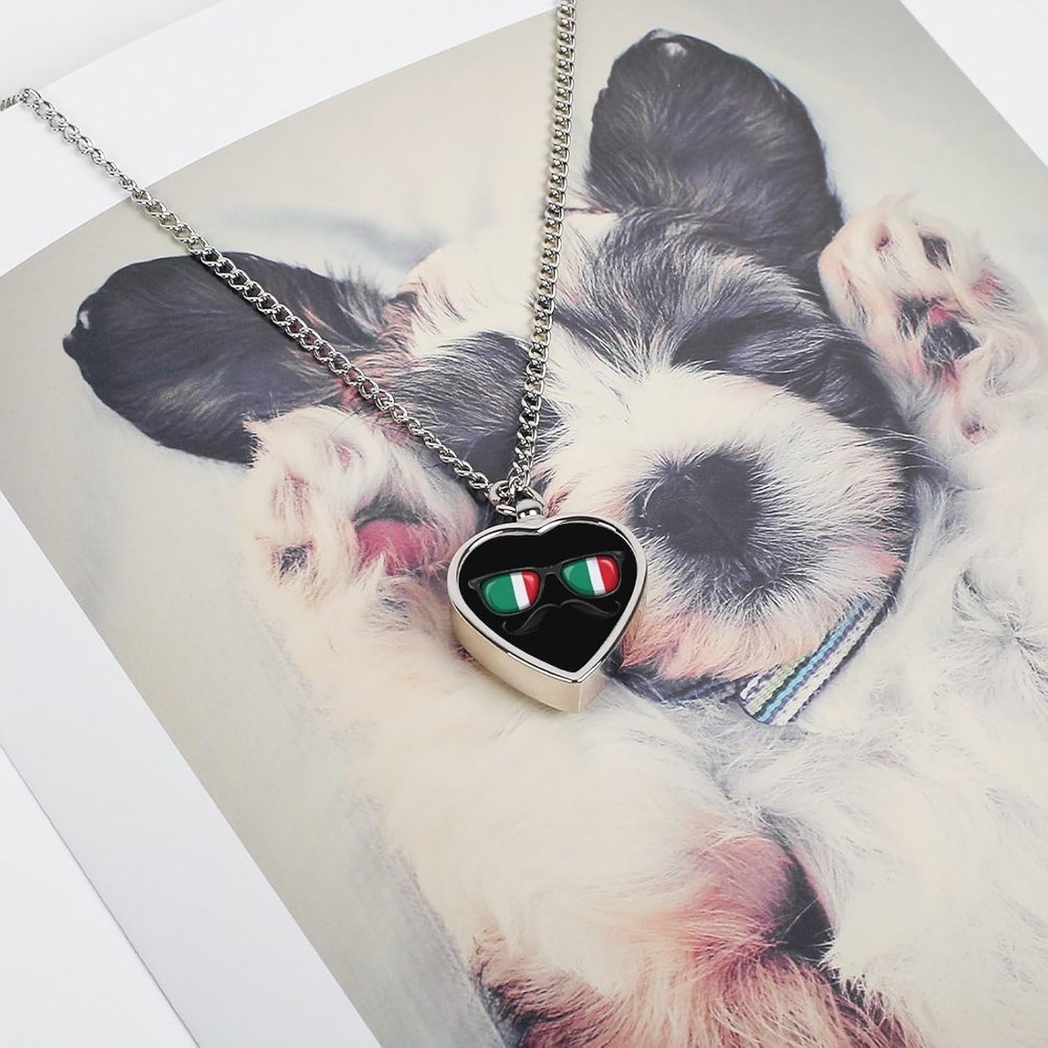 Flag Italy Glasses Mustache Pet Urn Necklace Ashes Cremation Pendant | Personalized Jewelry,Gifts for Dog Lovers
