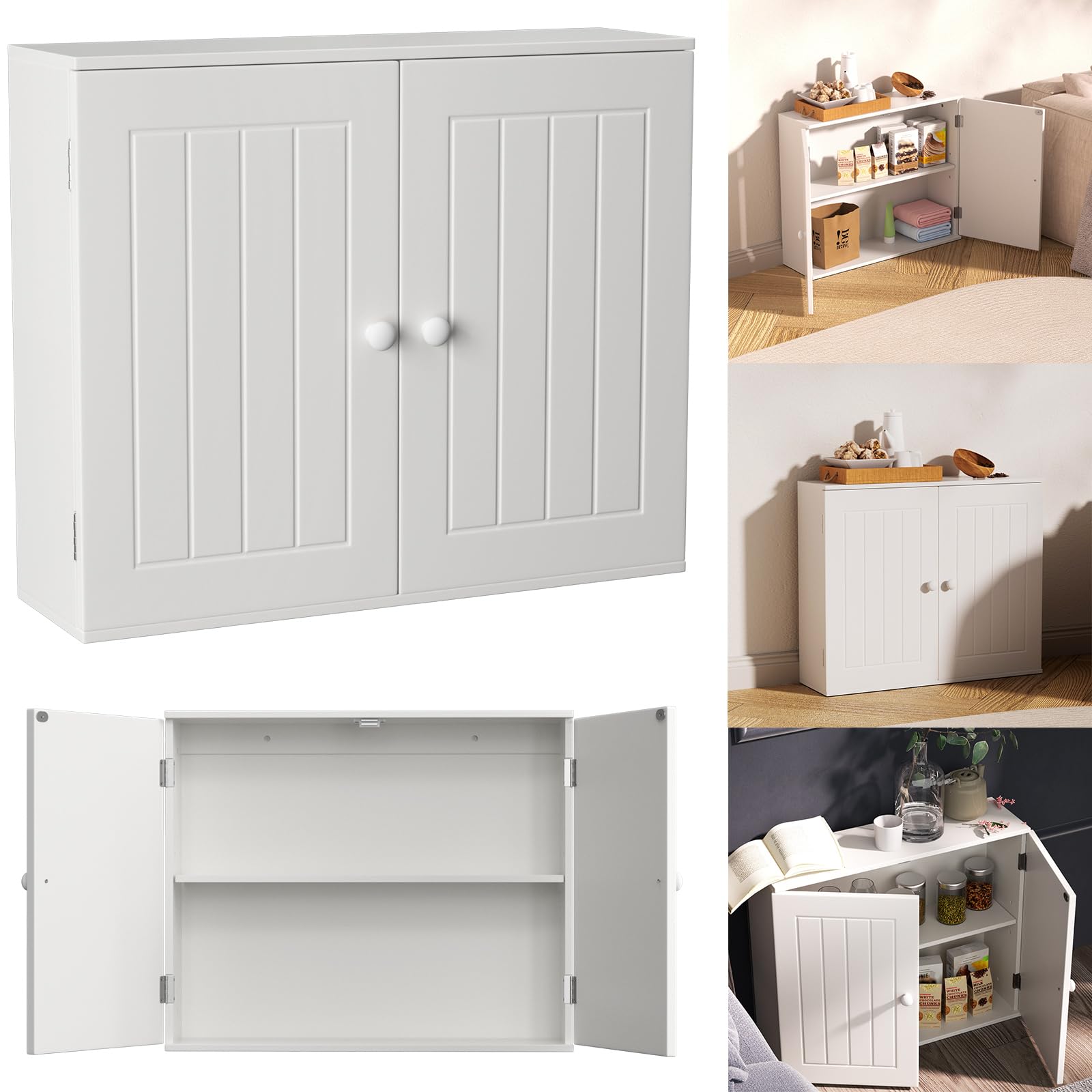 Bathroom Storage Cabinet, Wall Cabinet Kitchen Storage Cupboard Hanging Bathroom Wall Organiser Unit, Double Doors with Adjustable Shelf, Small Space Pantry Organiser, W60 x D15 x H50 cm, White