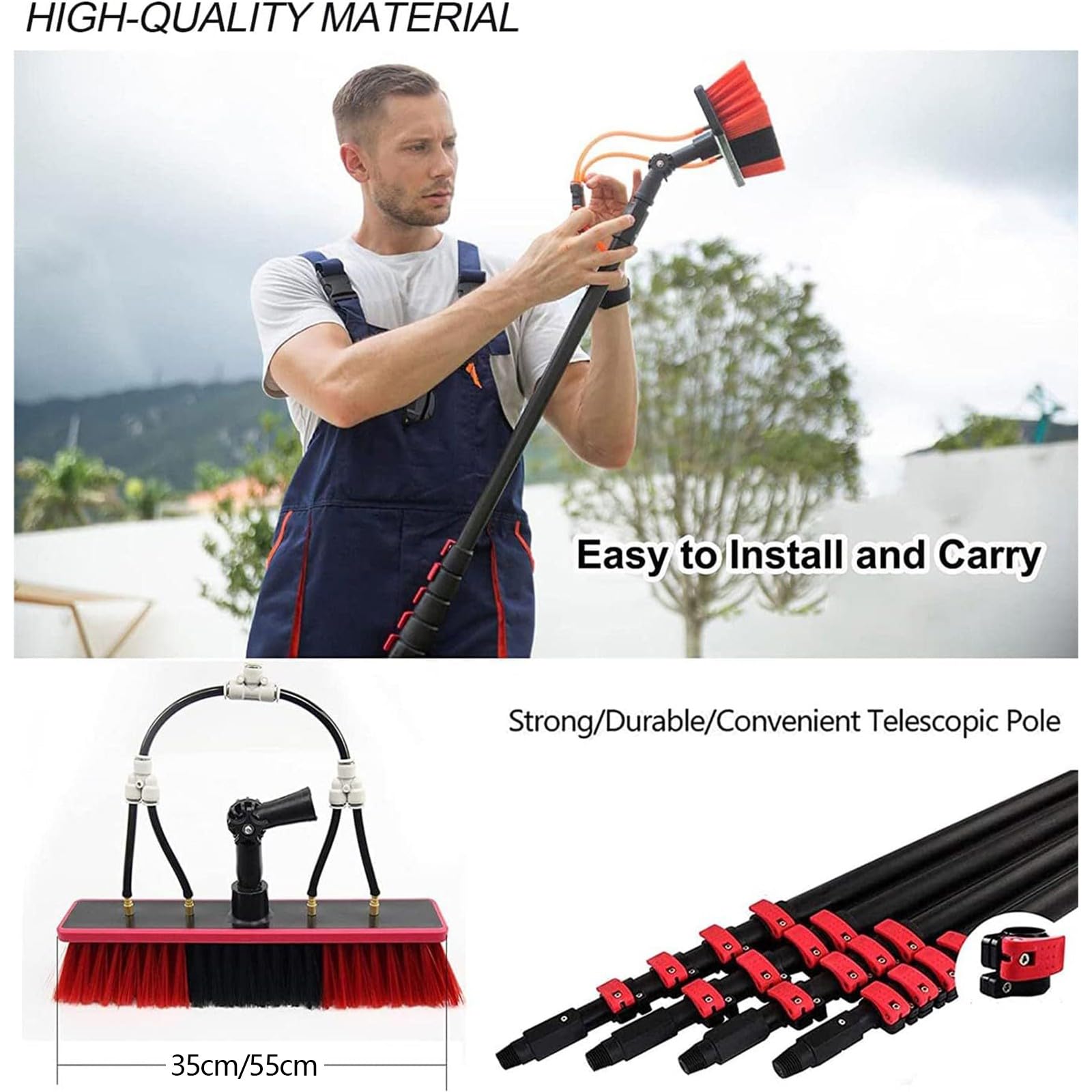 Limpiacristales de 3,6 a 10,8 m - Cepillo de Lavado Universal para Paneles solares y Coches - Herramienta de Limpieza de 35 cm con Mango Extensible - Eficiente y versátil