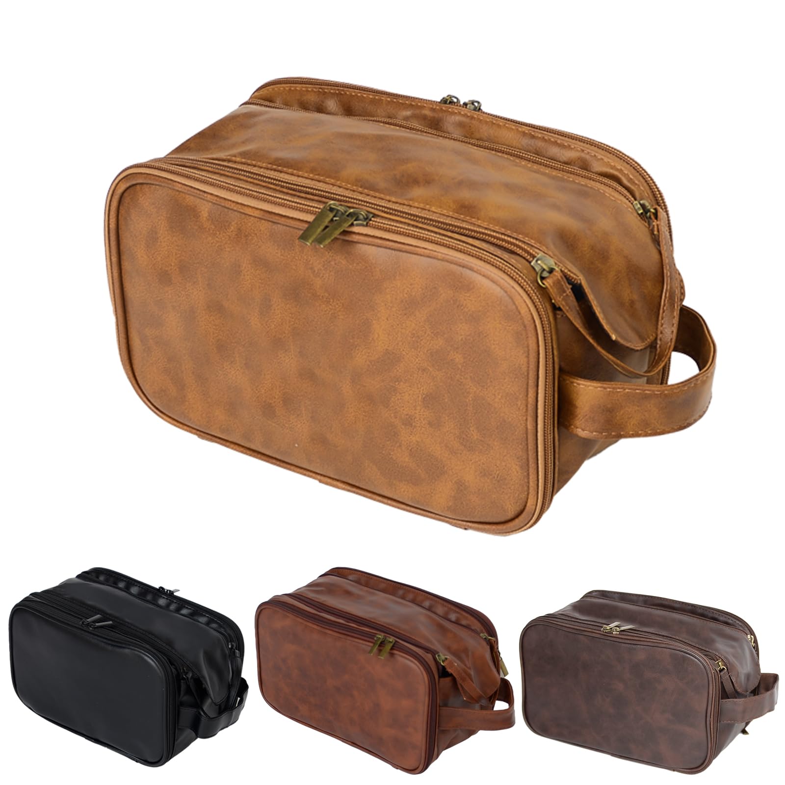 Xpanrous Personalized Toiletry Bag for Men, Customized Groomsmen PU Leather Travel Dopp Kit Shaving Bag, Handcrafted Gifts for Father's Day, Wedding, Birthday, Husband, Grandpa, Light Brown, Not