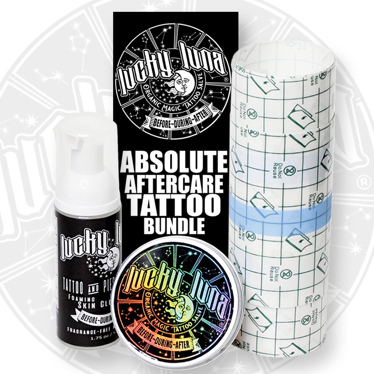 LuckyLuna Absolute Aftercare Tattoo Bundle, Complete Kit - Foaming Soap, Second Skin Bandage, Organic Magic Tattoo Salve