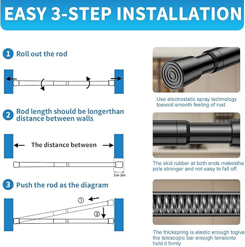 Miniatura 5 de Barra de tensión negra, pequeña barra de tensión de 18 a 28 pulgadas, barra de cortina ajustable de tensión pequeña, sin taladrar, barra de cortina