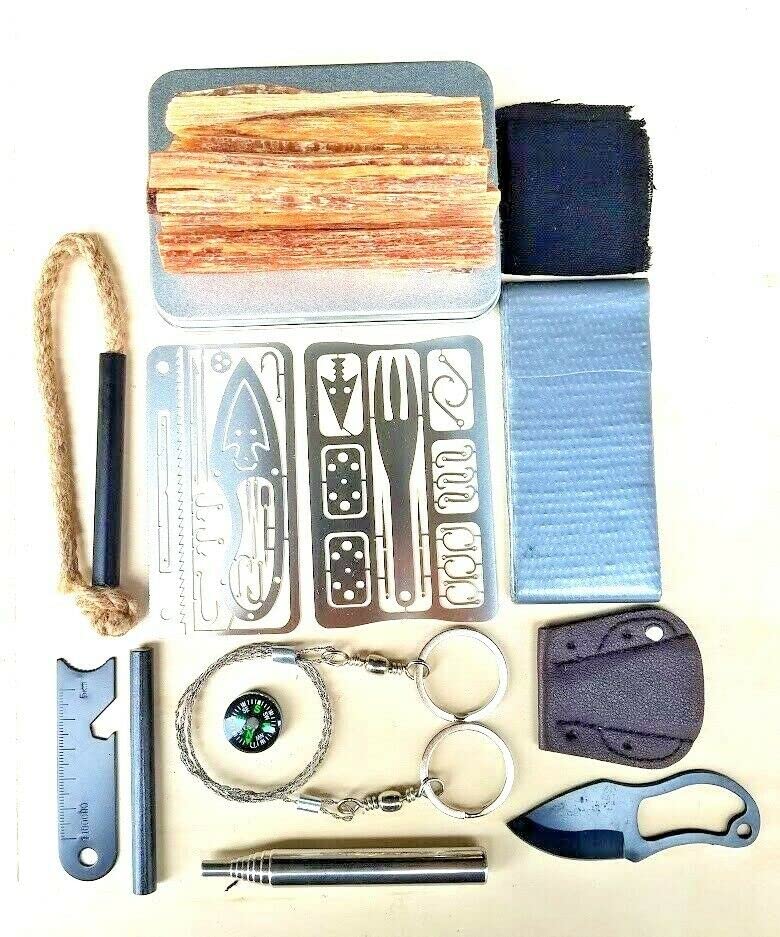 Kaeser Wilderness Supply Survival Fire Starting Kit Fatwood Ferro Rod Knife Saw Compass Tinder Torch Char Cloth Emergencies Bushcraft Camping Hiking