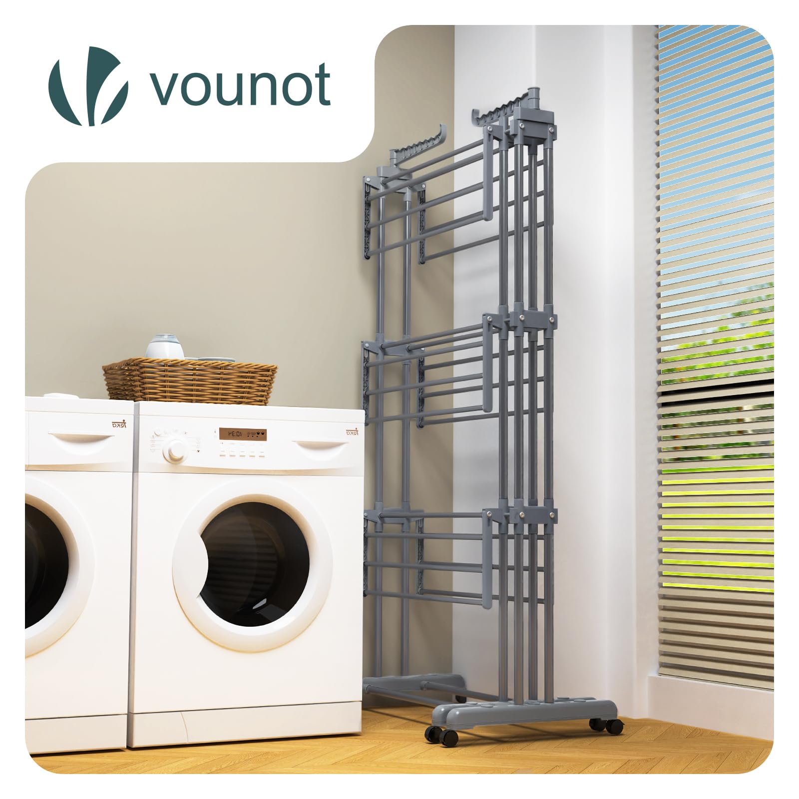 VOUNOT® Stendino Verticale Allungabile a 4 Livelli 190x64x170 cm, Stendibiancheria Grande Capacità Pieghevole con Ruote e Ali Laterali Multifunzionali, per Interno ed Esterno, Grigio