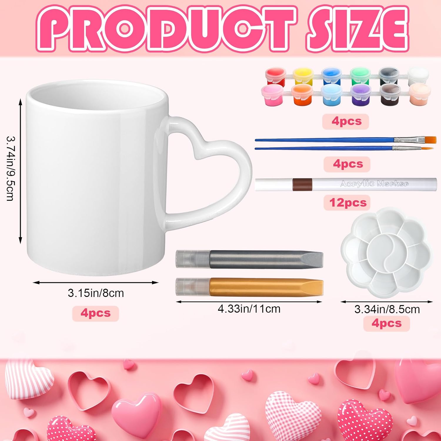 Potchen 4 Sets Valentine Paint Your Own Mug Kits, Ceramic Mugs with Heart Handle Galentines Painting Craft Kit Galentine Activities Includes 4 Cups 8 Brushes 4 Palettes 2 Outlines Pen and 12 Markers - Image 3