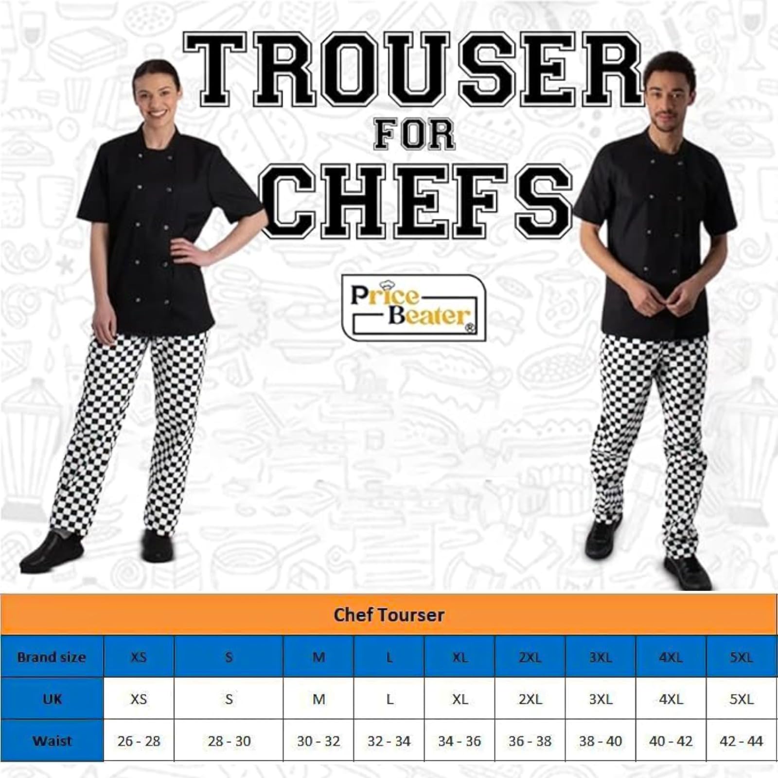 PRICE BEATER Uniformi da cucina professionali da cuoco, unisex, per adulti, in policotone, con elastico in vita, ideali per l'uso quotidiano