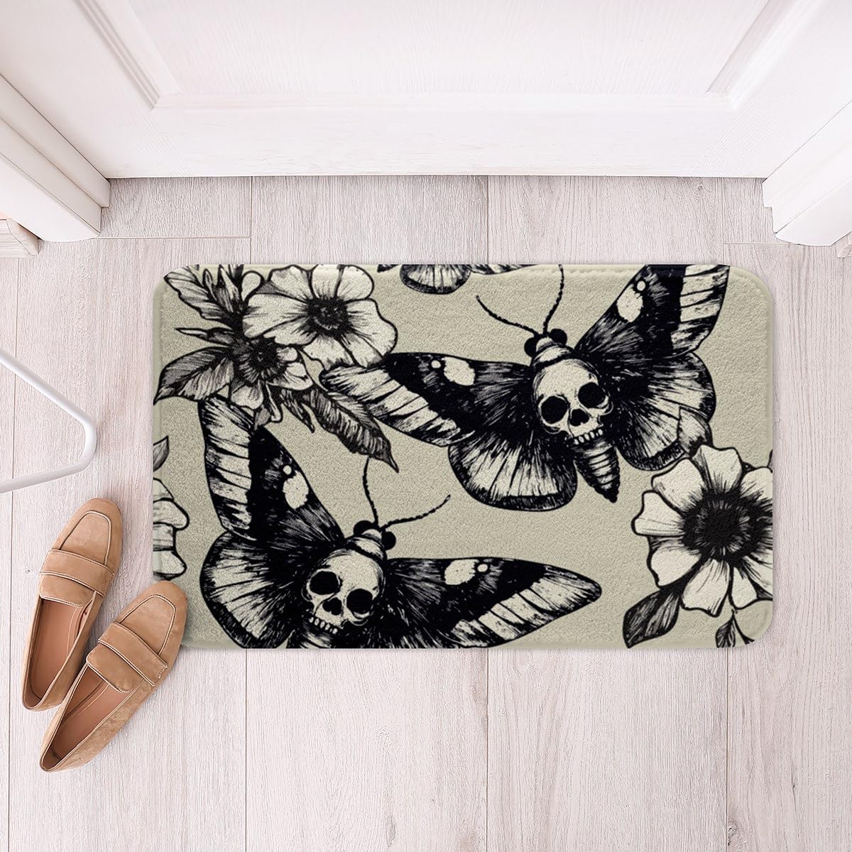 Erosebridal Skull Doormats,Gothic Moth Print Plush Bath Mat Non Slip Machine Washable,Sugar Skull Fleece Bath Rugs Water Absorbent Gray White Black