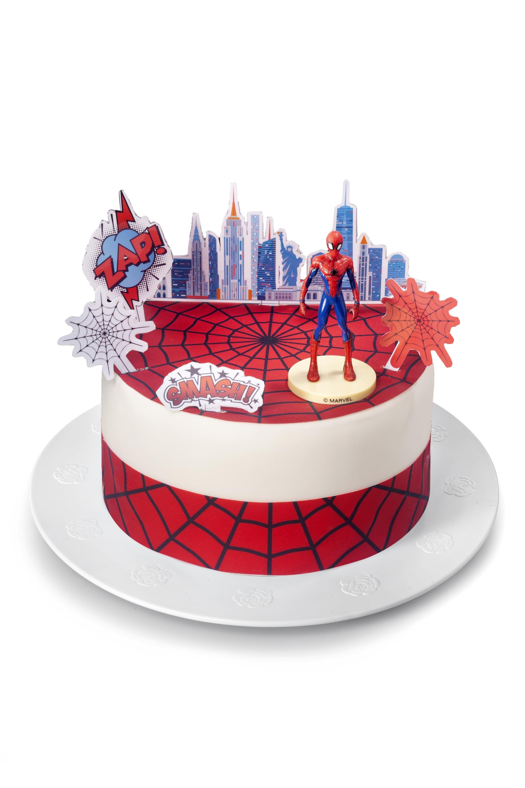 Kardasis Spiderman Tortenaufleger | Essbarer Aufleger für Torten und Kochen | Tortendekoration für Spiderman Themengeburtstag | 20 cm rund Zuckerpapier + 4 Bänder 28x4 cm + 5 Papierfiguren + 3D figur