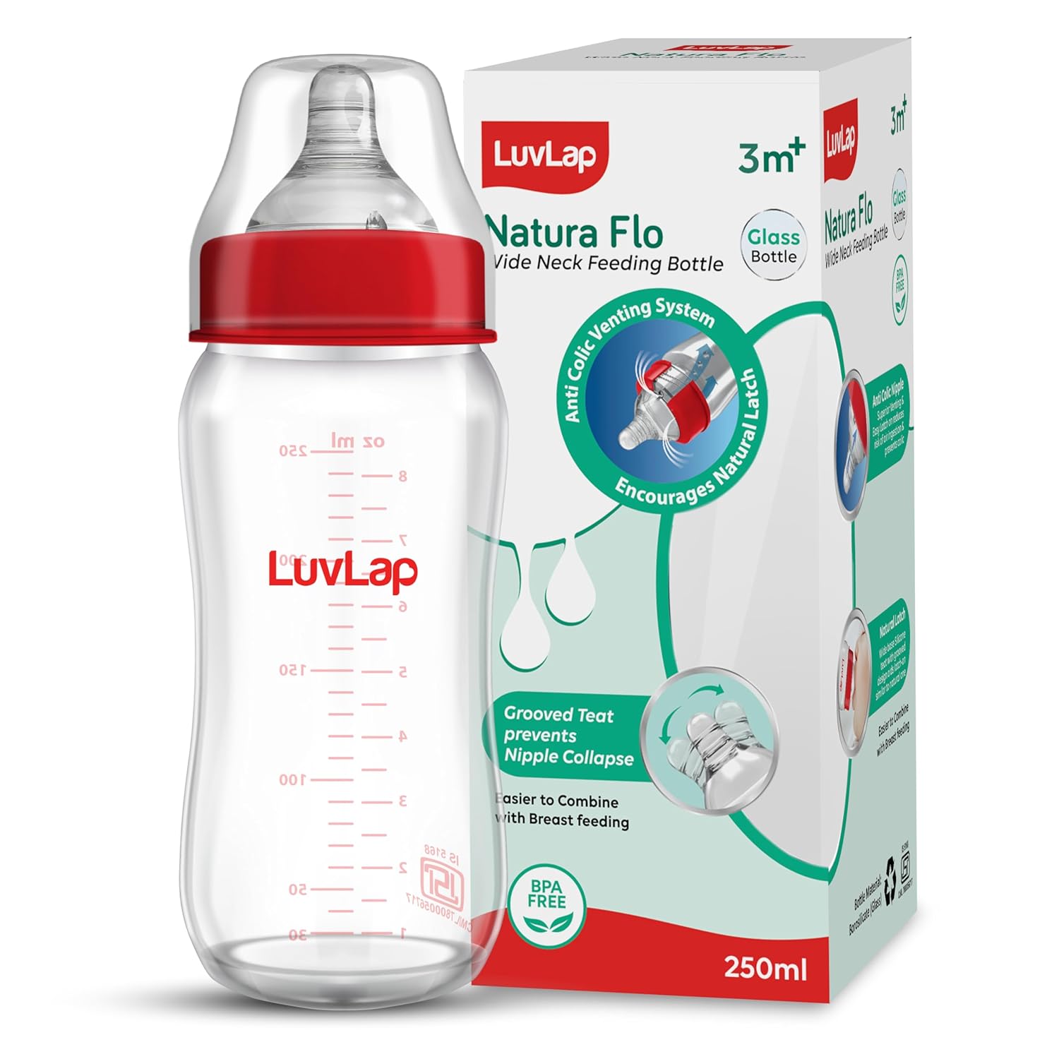 LuvLap Natura Flo Wide Neck Glass Feeding Bottle, New Born/Infants/Toddler Upto 3 Years, BPA Free, Ergonomic Shape is Easy to Hold, with Anti Colic Nipple, 250ml