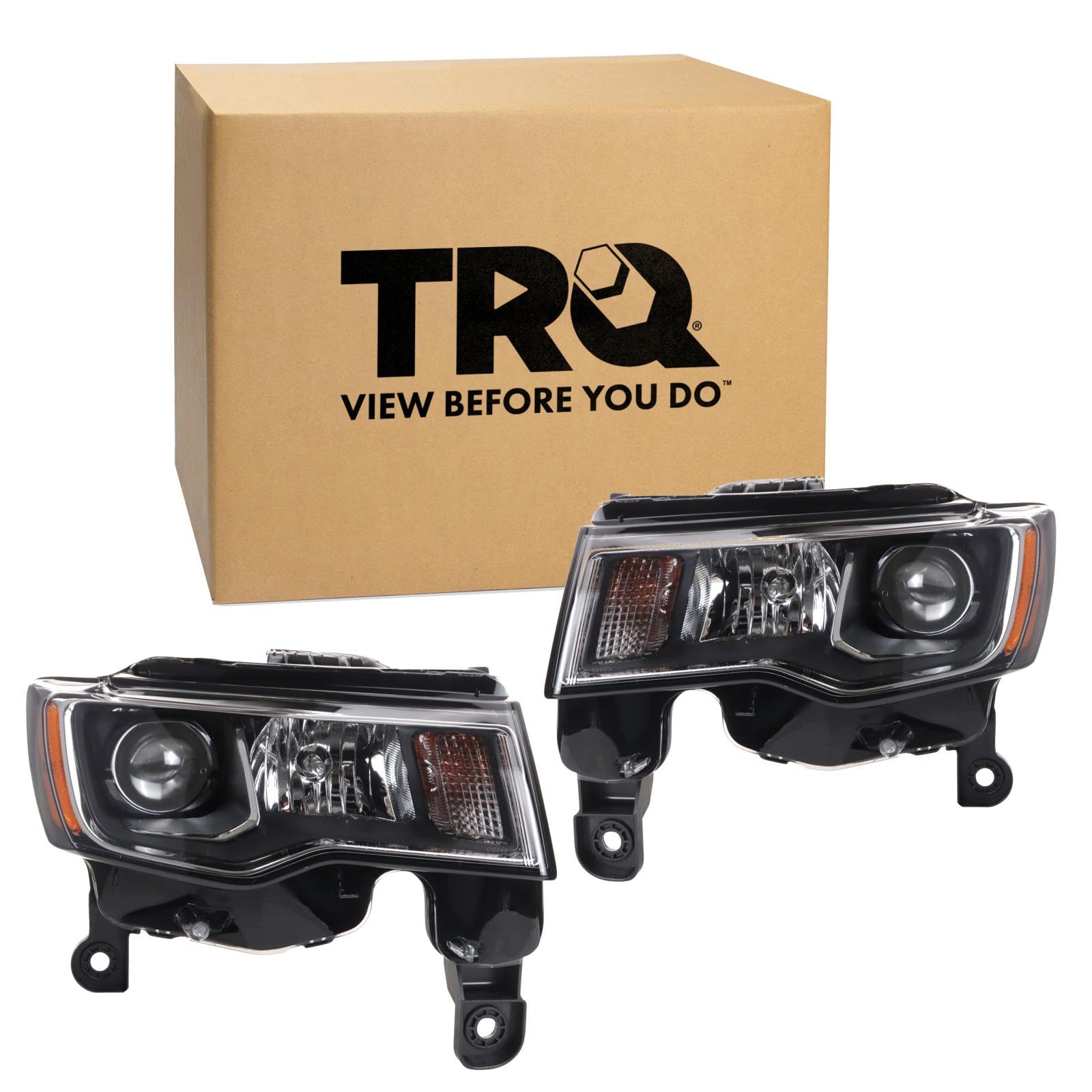 TRQ 2 Piece Headlight Assembly Set Chrome Bezel Driver &amp; Passenger Side Compatible with Jeep Grand Cherokee 2017-2022 Jeep Grand Cheroke WK 2022 CH2502297 CH2503297 68289234AF 68289235AF