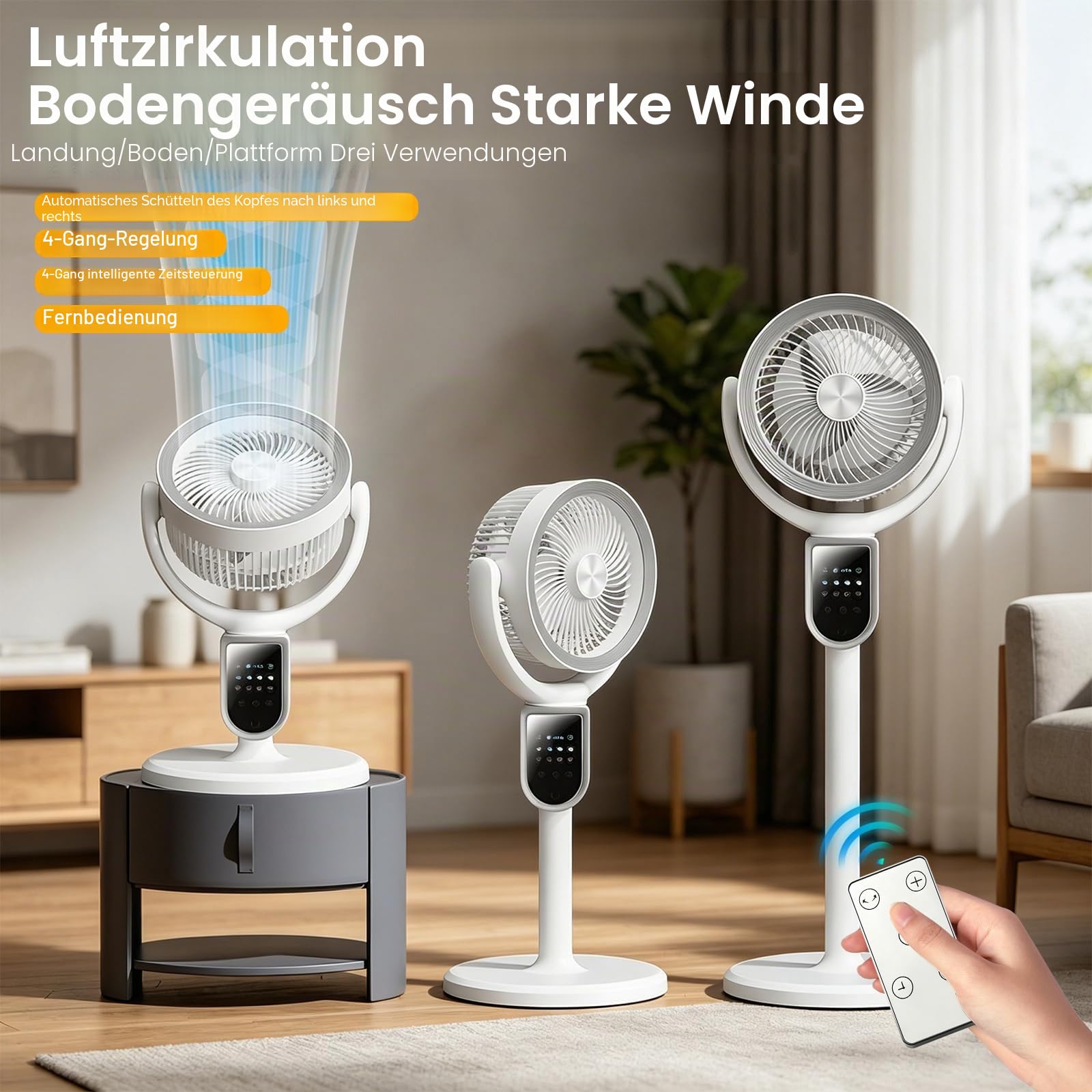 IERAKOR Standventilator Leise, 3-in-1 Höhenverstellbarer Ventilator | 4 Geschwindigkeiten, 140° Oszillation, 90° Neigung, 9H Timer, USB & Akku, Fernbedienung, für Schlafzimmer