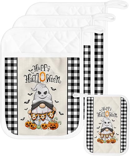 Miniatura 8 de Juego de 2 soportes para ollas de Halloween para cocina, antideslizantes y aislantes de calor, juego de agarraderas de tela de toalla con bolsillo,