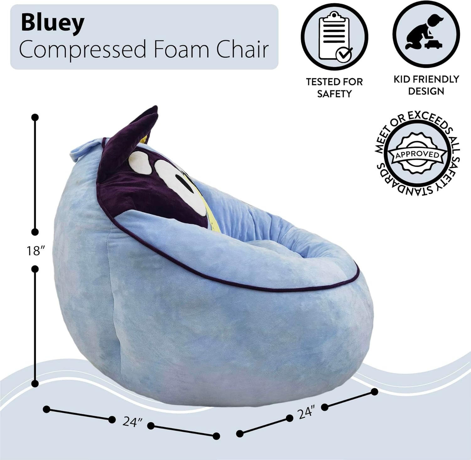 Bluey Kids Foam Filled Bean Bag Chair, Soft Plush Character Lounge Seat for Bedroom or Playroom
