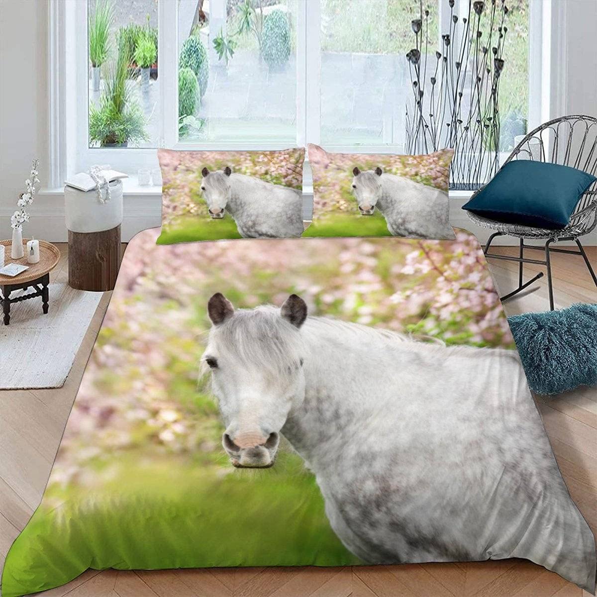 RFFLUX 3D Horse Single Duvet Cover Set 3 Pieces 135x200 Soft Microfiber Sakura Horse Quilt Cover with Zipper Closure Easy Care Bedding Set with 2 Pillowcase for Kids Boys Girls Teens — image 1