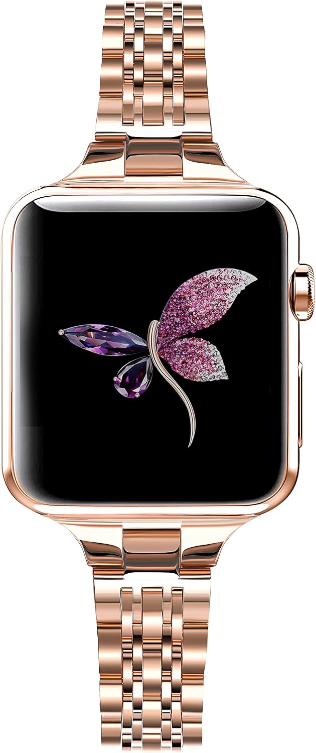 Secbolt Stainless Steel Slim Bands Compatible with Apple Watch 42mm 44mm 45mm iWatch Series 8/7/6/5/4/3/2/1/SE, Thin Bracelet for Women, Rose Gold