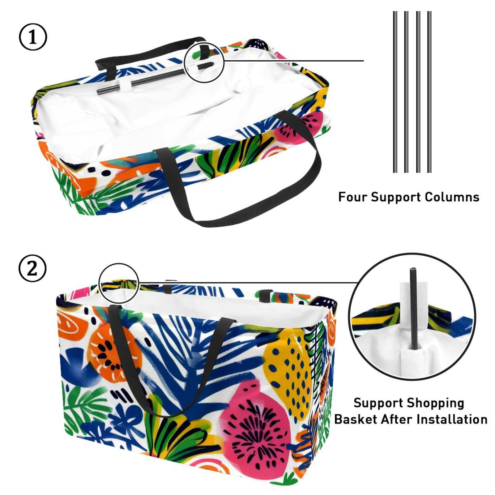 Sac à provisions réutilisable, joli motif tropical d'été, sac fourre-tout robuste, pliable, lavable, pour pique-nique, camping, multicolore, 22.0x12.6x11.4 in/56x29x32 cm