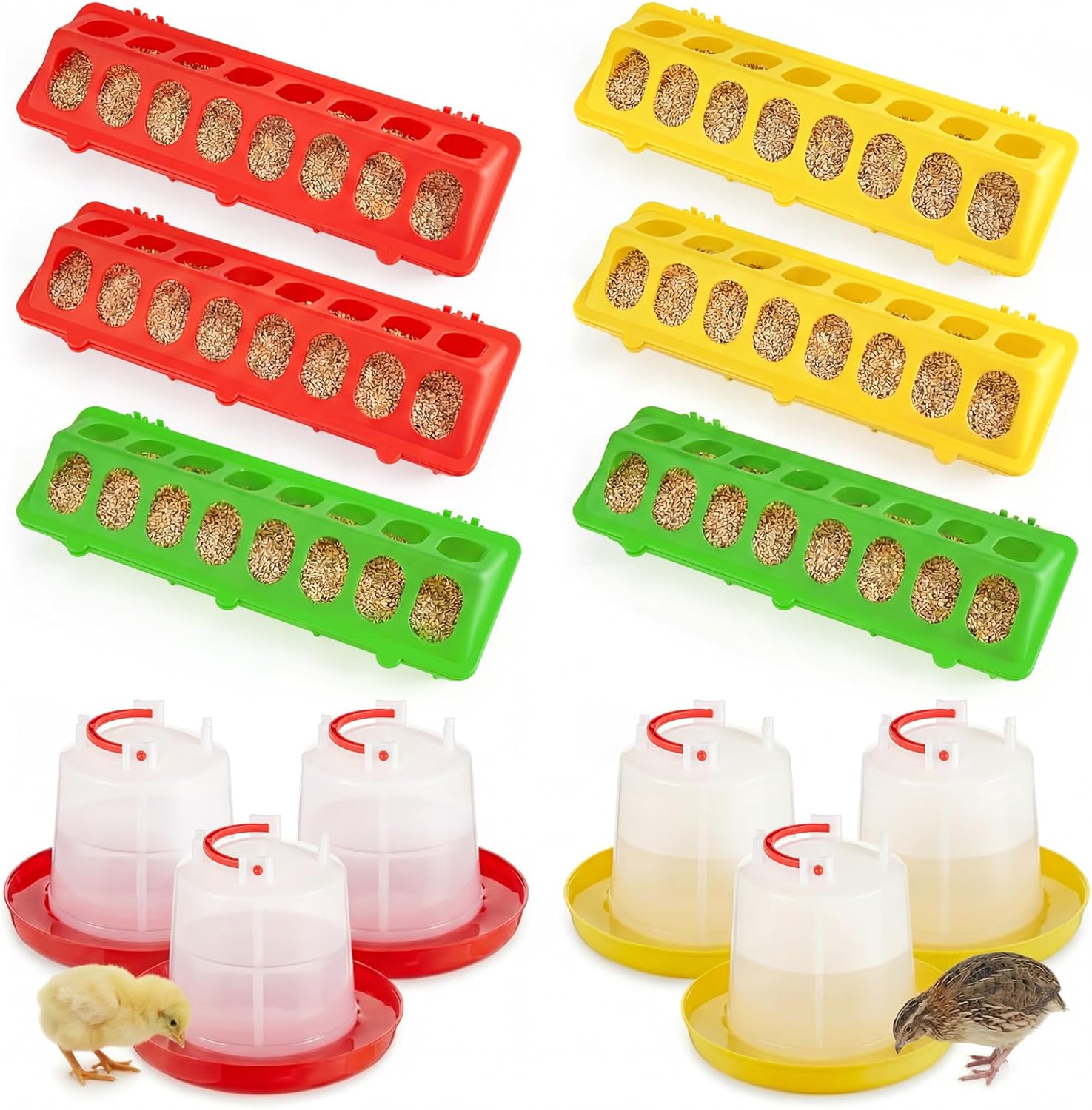 12 Pack Chick Feeder and Waterer Set, Baby Chicken Supplies with Chicks Feeder Trough and 1l Hanging & Automatic Waterer, Chicken Starter Kit for Small Poultry Ducks Quail Coop
