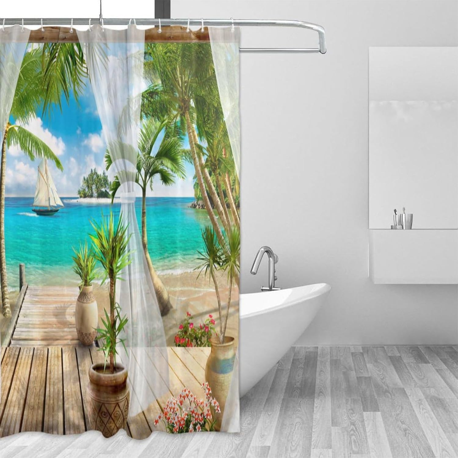 Mediterranean Style Shower Curtain Beautiful Seaside Beach Scenery Garden Tropical Palm Tree Print Bathroom Shower Curtain with 12 Hooks72x72inch(183x183cm)