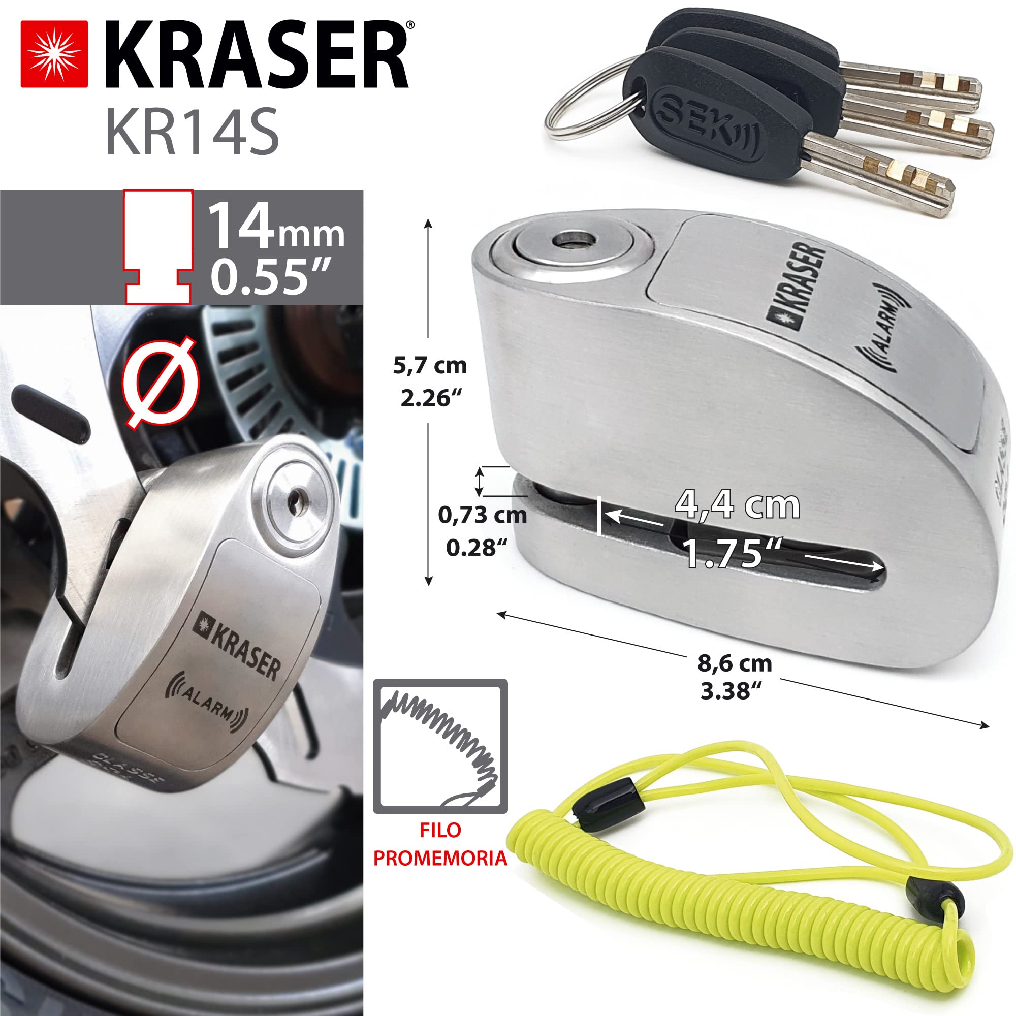 KRASER KR14S Bloccadisco Moto con Allarme 120dB, Omologato SRA, Doppia Fermatura ø14mm, Alta Sicurezza Antistrappo, Impermeabile, Filo Promemoria, Lucchetto Antifurto Moto Blocca Disco