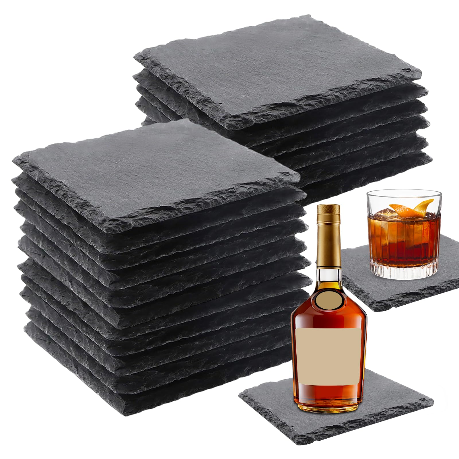 15PCS Slate Drink Coasters, 4 Inch Black Coasters Stone Coaster Set Square Stone Coasters Set Laser Engraving Blanks with Anti-Scratch Bottom for Home Office Kitchen