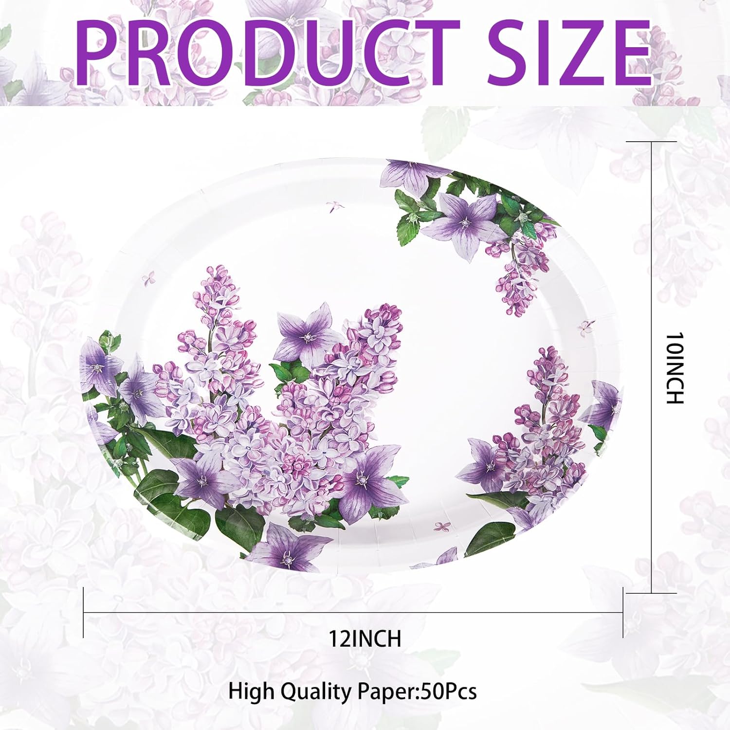 50 Pcs Lilac Oval Paper Plates Large 10" x 12" Purple Floral Plates Disposable Heavy Duty Dinner Serving Platters for Spring Summer Purple Party Supplies Baby Shower Wedding Flower Party Decorations