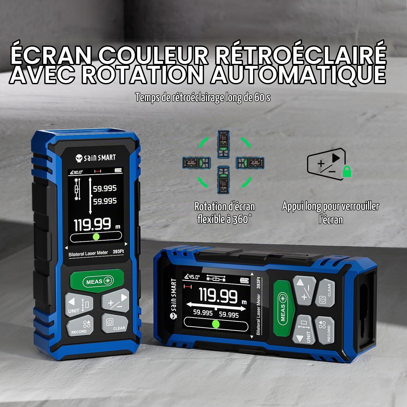 Télémètre Laser Double SainSmart, télémètre bilatéral 120 m avec écran LCD rétroéclairé, télémètre Laser Rechargeable, Niveau électronique, capteur de Longueur/Surface/Volume/Angle