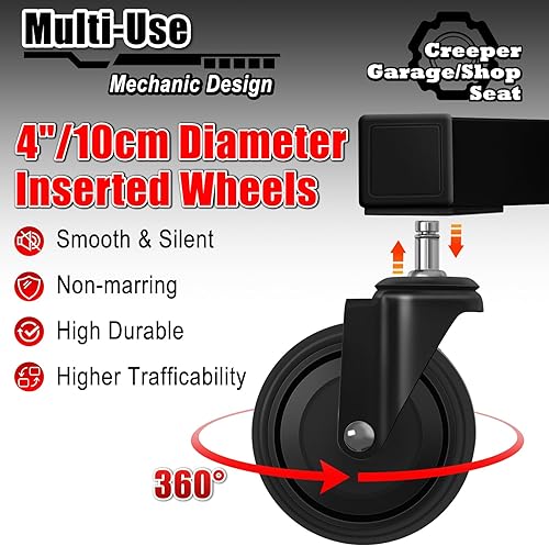 Miniatura 5 de Taburete mecánico con ruedas, taburete hidráulico ajustable para taller, silla rodante de trabajo de garaje para taller, capacidad de 400 libras,