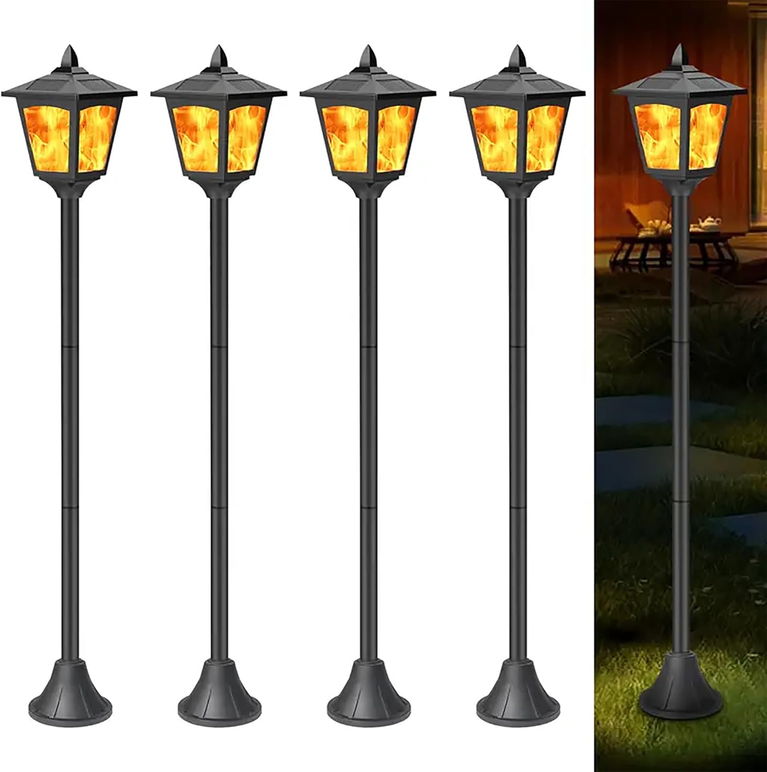 4 Pack 40" Solar Flame Lanterns, IP65 Waterproof Outdoor Post Lights with 3D Flickering Flame, Dusk to Dawn Solar Column Lights for Garden, Driveway, Patio, Yard Decor