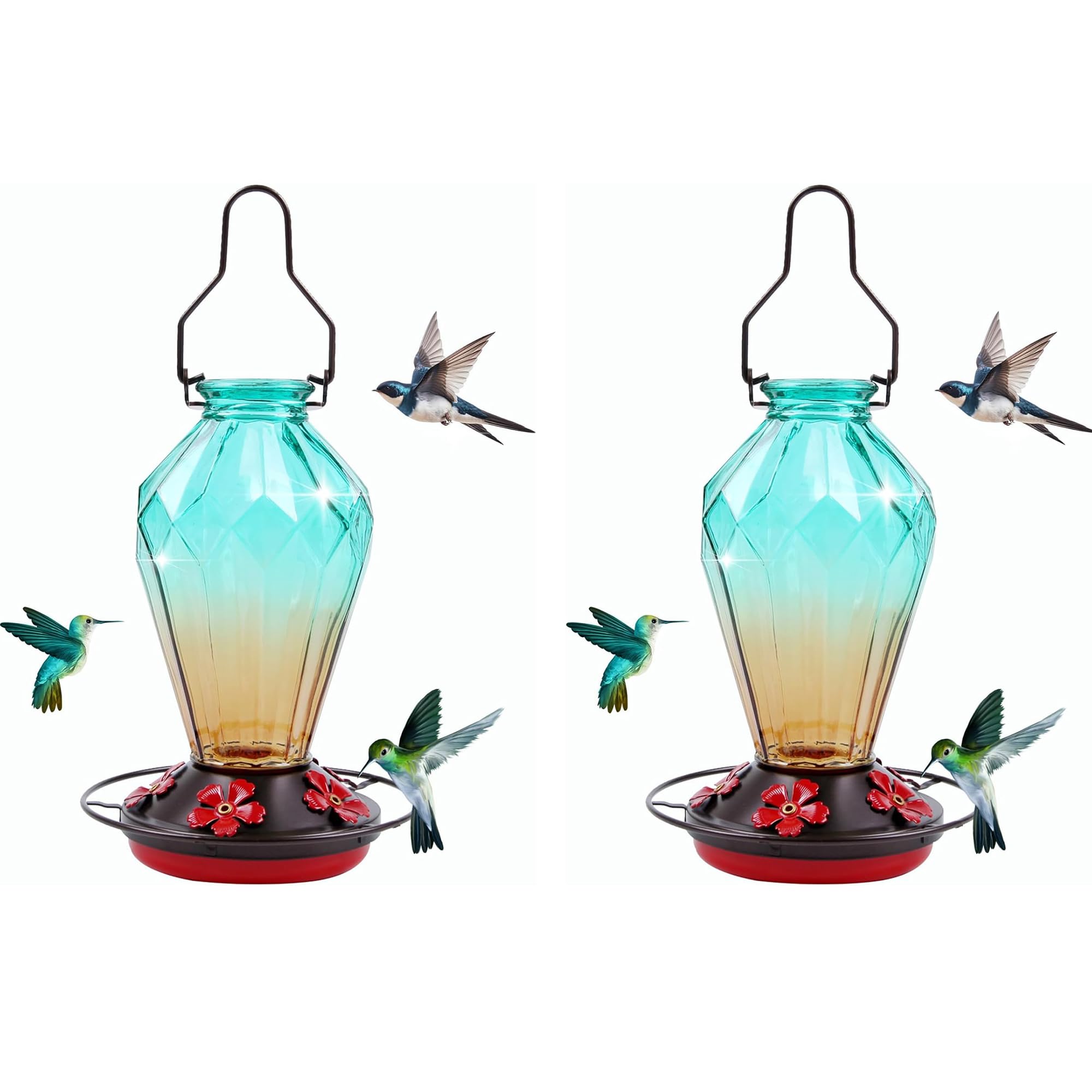 2 Pack Glass Hummingbird Feeder for Outdoors Hanging, 25Oz Humming Bird Nectar Feeder, Perch, 5 Flower Feeding Ports, Leak Proof Base, Hook for Outside Garden Backyard, Diamond Green
