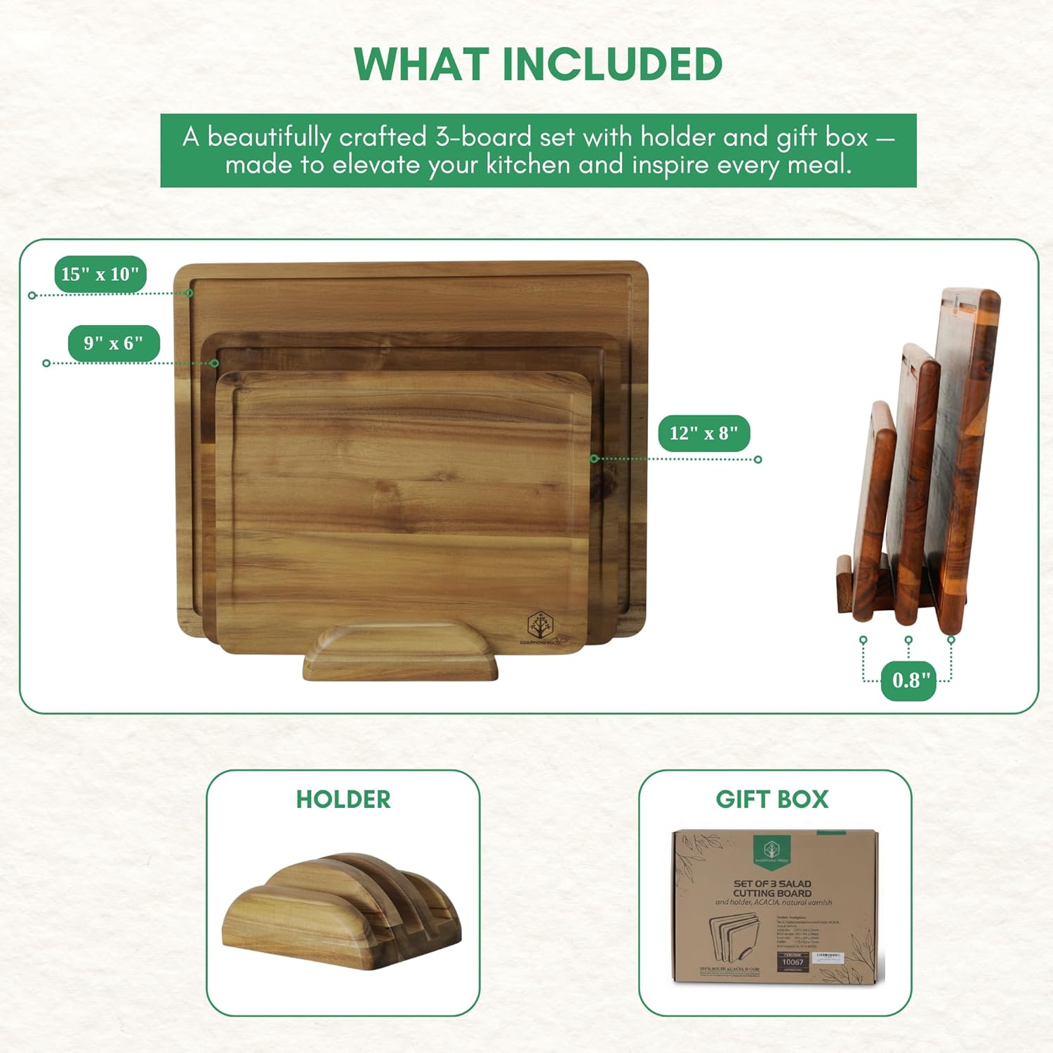 Acacia Wood Cutting Board Set of 3 with Storage Stand, Reversible Wooden Boards for Kitchen with Deep Juice Grooves, Wood Cutting Board Set for Prep, Serving and Gifting