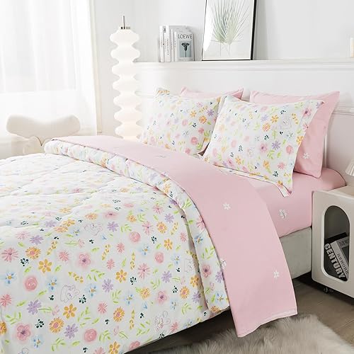 Miniatura 5 de Wajade Juego de edredón floral en una bolsa, tamaño matrimonial, 7 piezas, flores botánicas, hojas verdes, conejos para niñas (1 edredón, 1 sábana