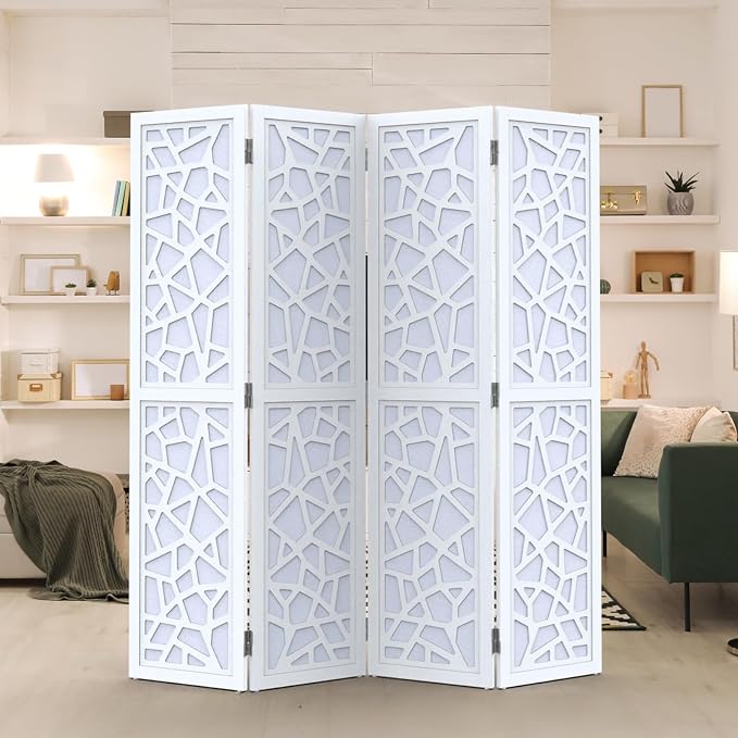 VINGLI biombo de 70 pulgadas, pantalla de privacidad de tela no tejida, separador de ambientes interior, divisor de espacio con patrón geométrico moderno (Blanco, 4 paneles) miniatura 8