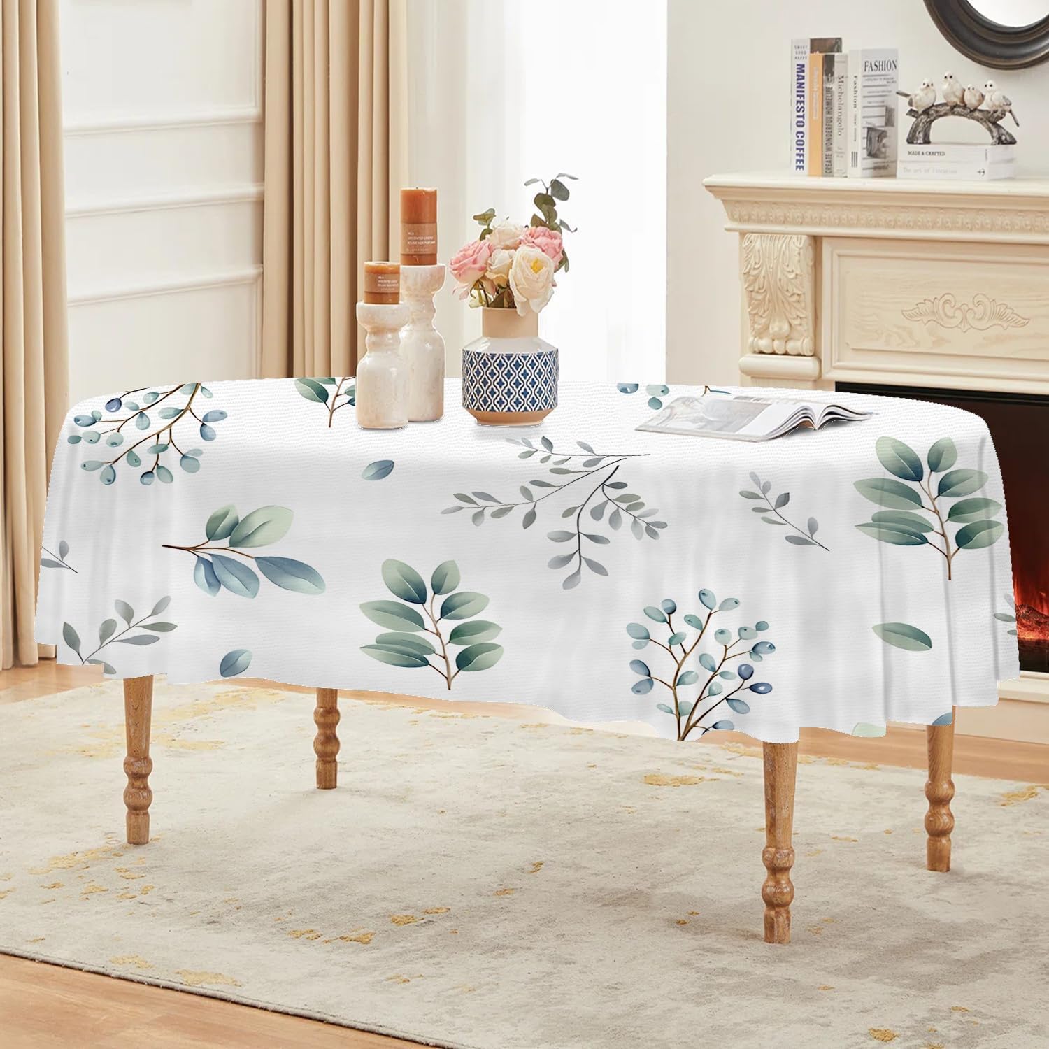 Eukalyptus Ovale Tischdecke Abwaschbar 160x220 cm, Blaubeere Tischtuch aus Polyester Wasserabweisend mit Lotuseffekt, Minimalistische Botanik Tischdecken für Esszimmer, Party, Balkon, Garten, F-915