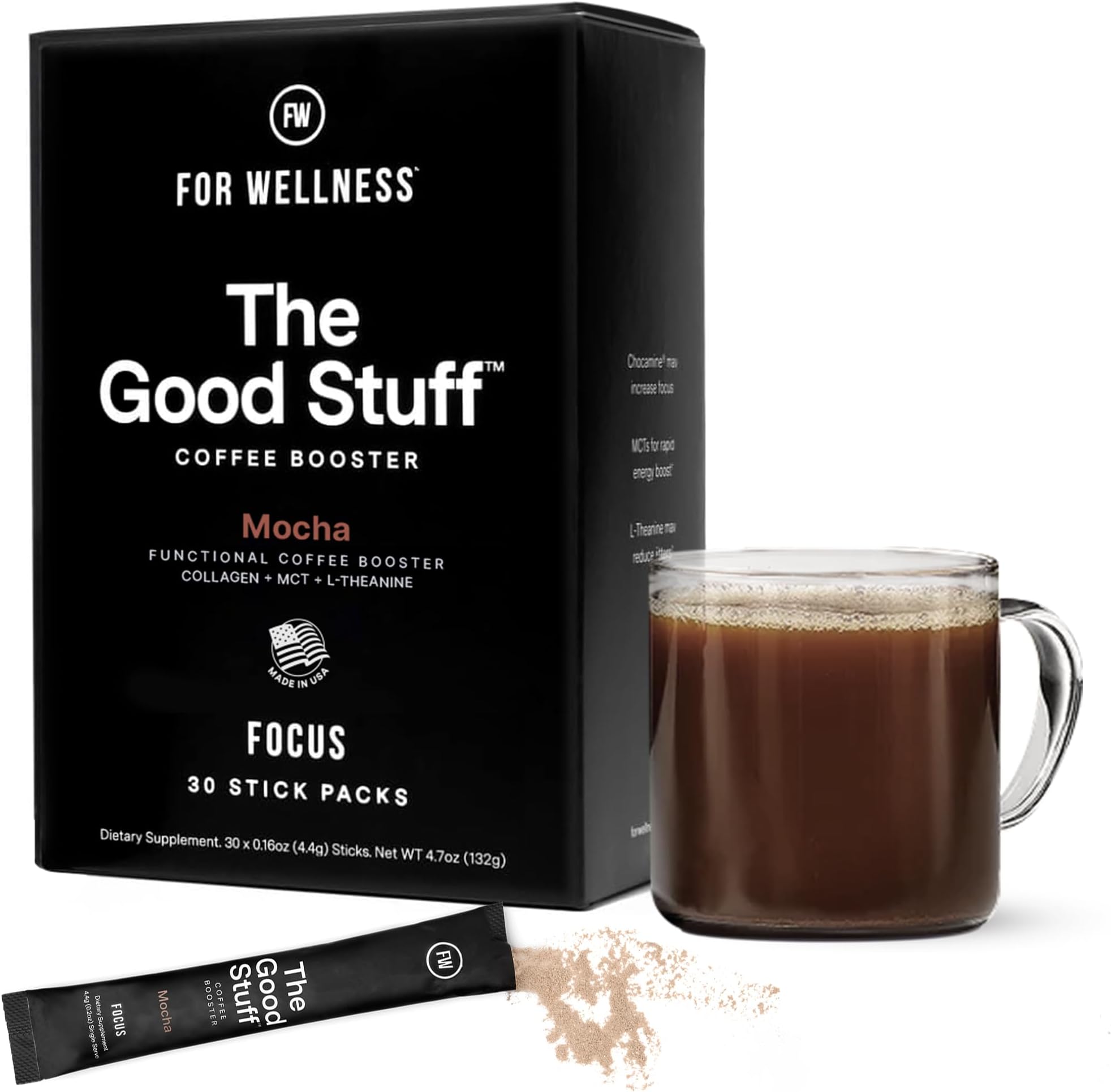 For Wellness The Good Stuff Focus | Healthy Mocha Coffee Creamer Powder with Collagen, MCT Oil & L-Theanine | Keto Non-Dairy Coffee Booster for Focus & Energy | 30 Servings