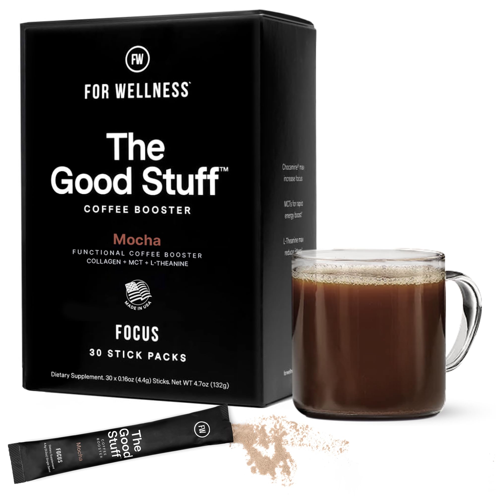 - For Wellness The Good Stuff Focus | Healthy Mocha Coffee Creamer Powder with Collagen, MCT Oil & L-Theanine | Keto Non-Dairy Coffee Booster for Focus & Energy | 30 Servings