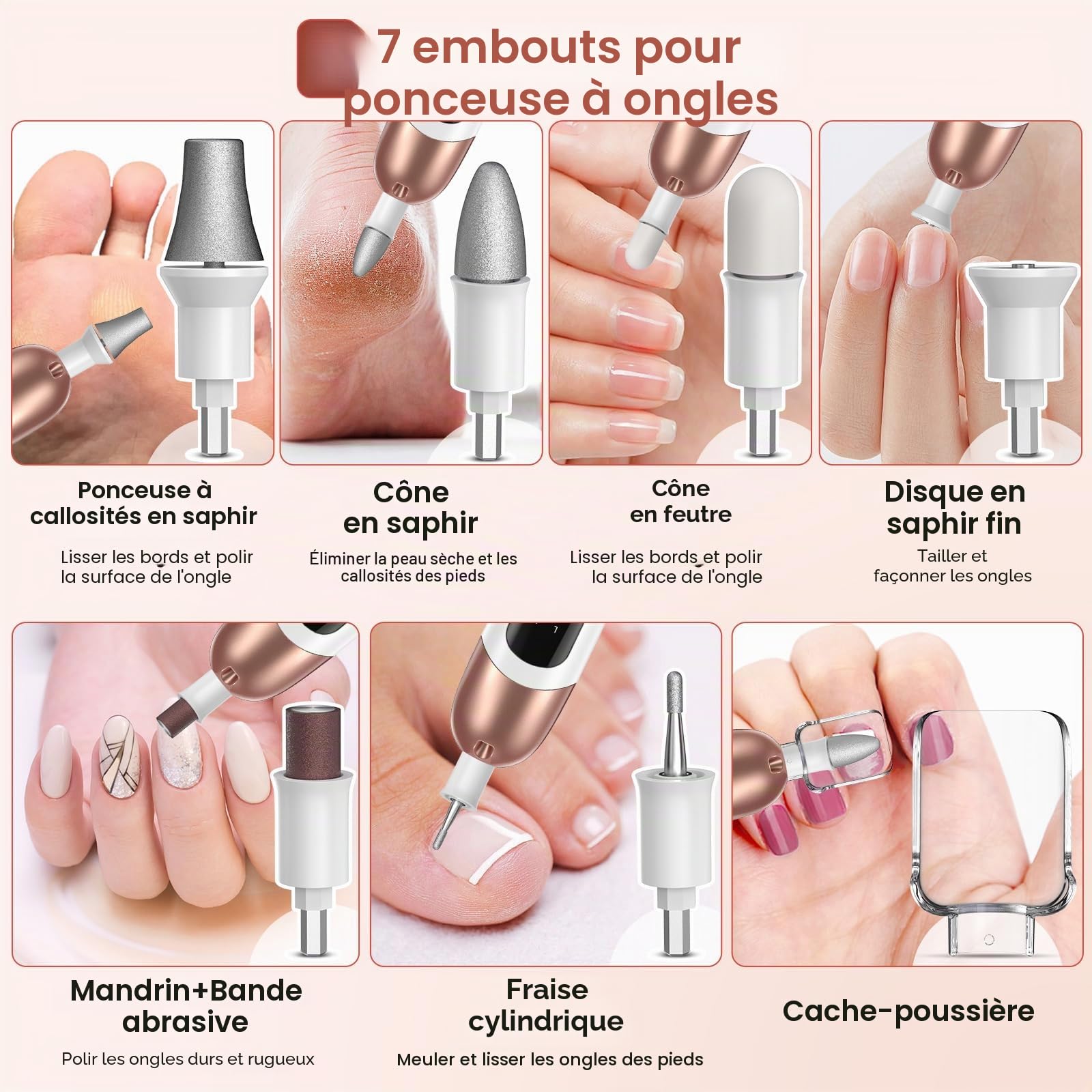Set de manucure/pédicure, Kit Manucure Pedicure Sans Fil, Ponceuse pour Ongles Professionnel avec Batterie, Kit de Soin des Ongles électrique avec 6 Embouts, Lumière LED, Lime a Ongle Electrique