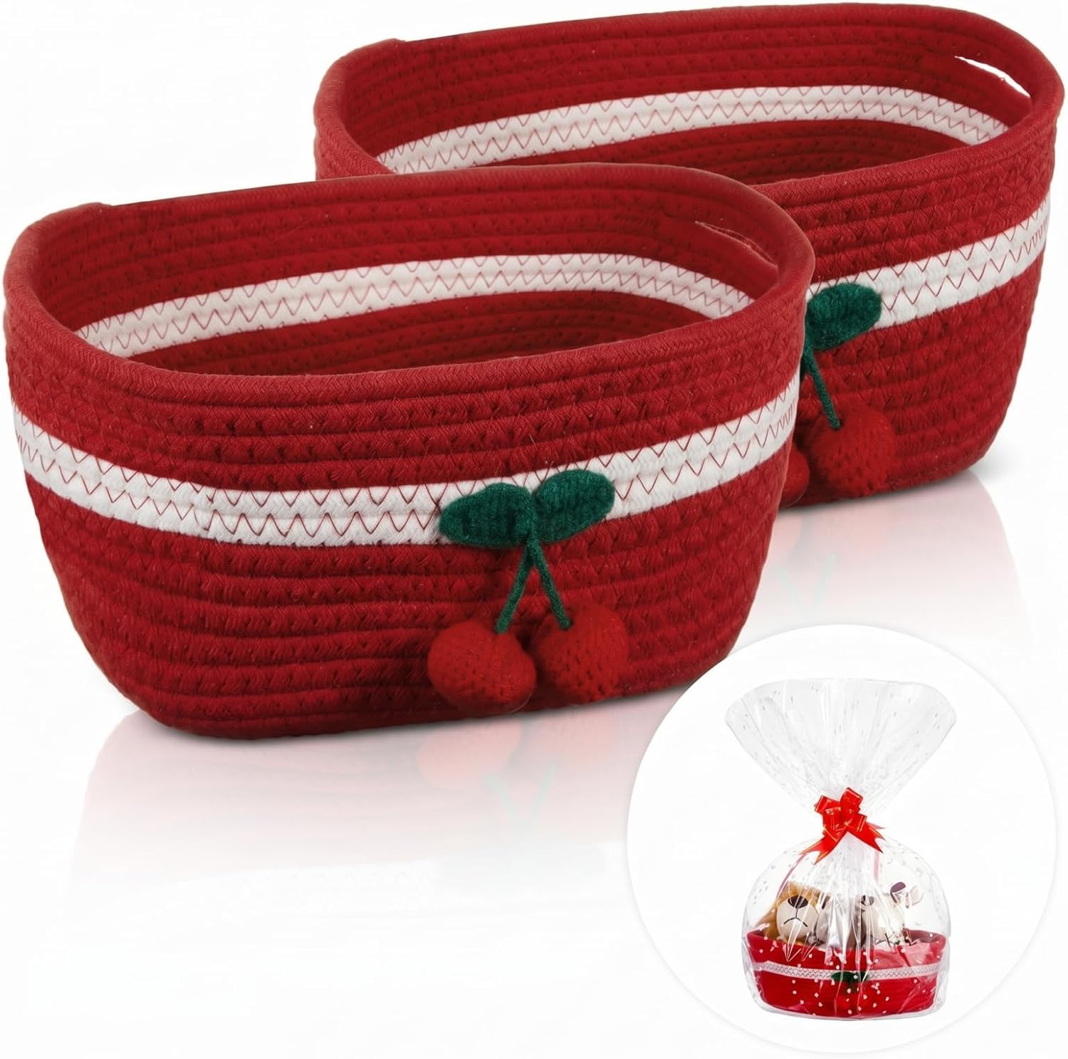 Honeydak 2 Pcs Cherry Basket with Handles Easter Gift Red Decorative Cotton Rope Woven Basket with Gift Bag Ribbon Cute Oval Organizer Cherry Bathroom Decor for Nursery Pet Closet Shelf, 12"x 8"x 5"