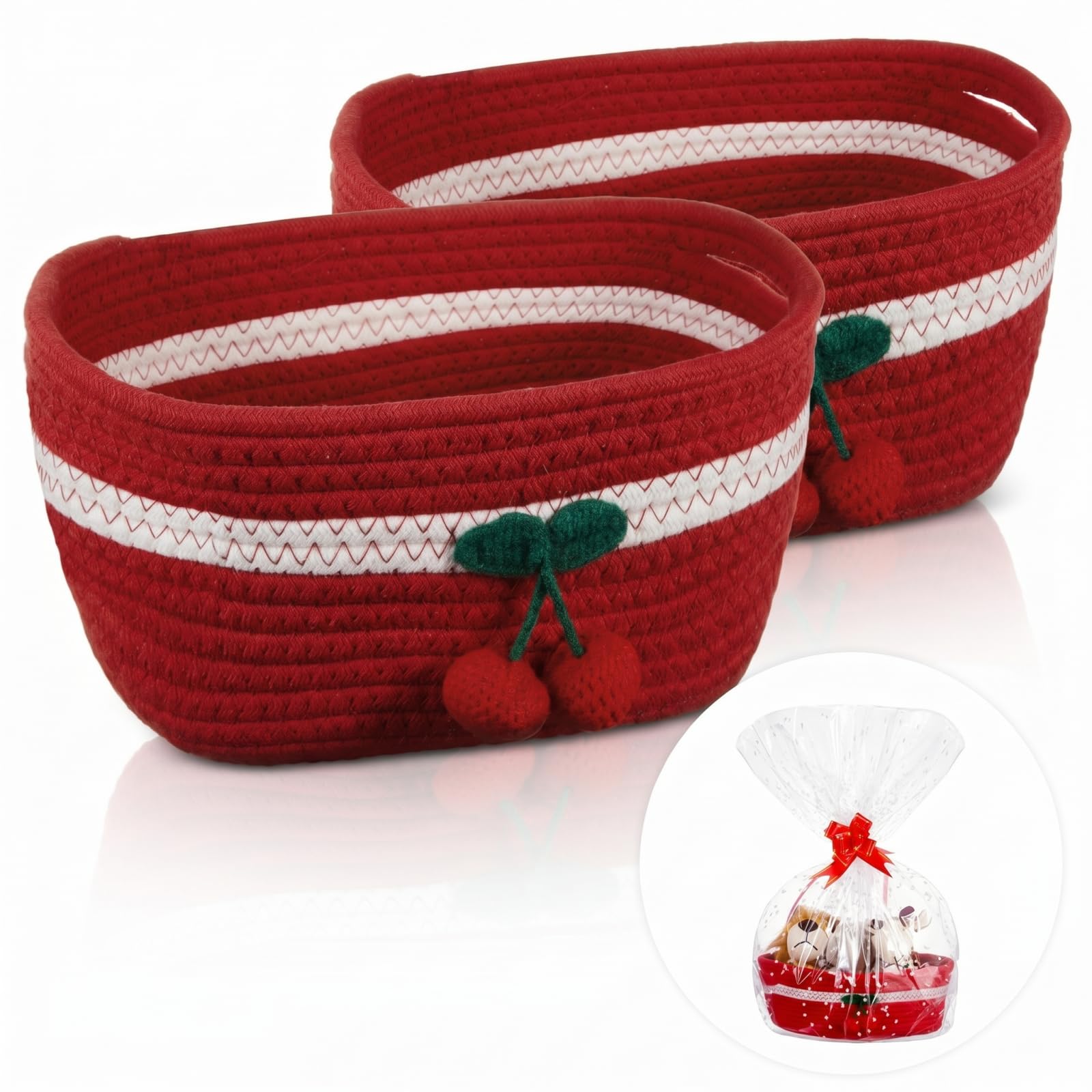 Honeydak 2 Pcs Cherry Basket with Handles Red Small Woven Gift Basket with Gift Bag and Ribbon Cute Cotton Rope Oval Toy Storage Organizer for Pet Food Closet Shelf Living Room Decor, 12"x 8"x 5"-image-34