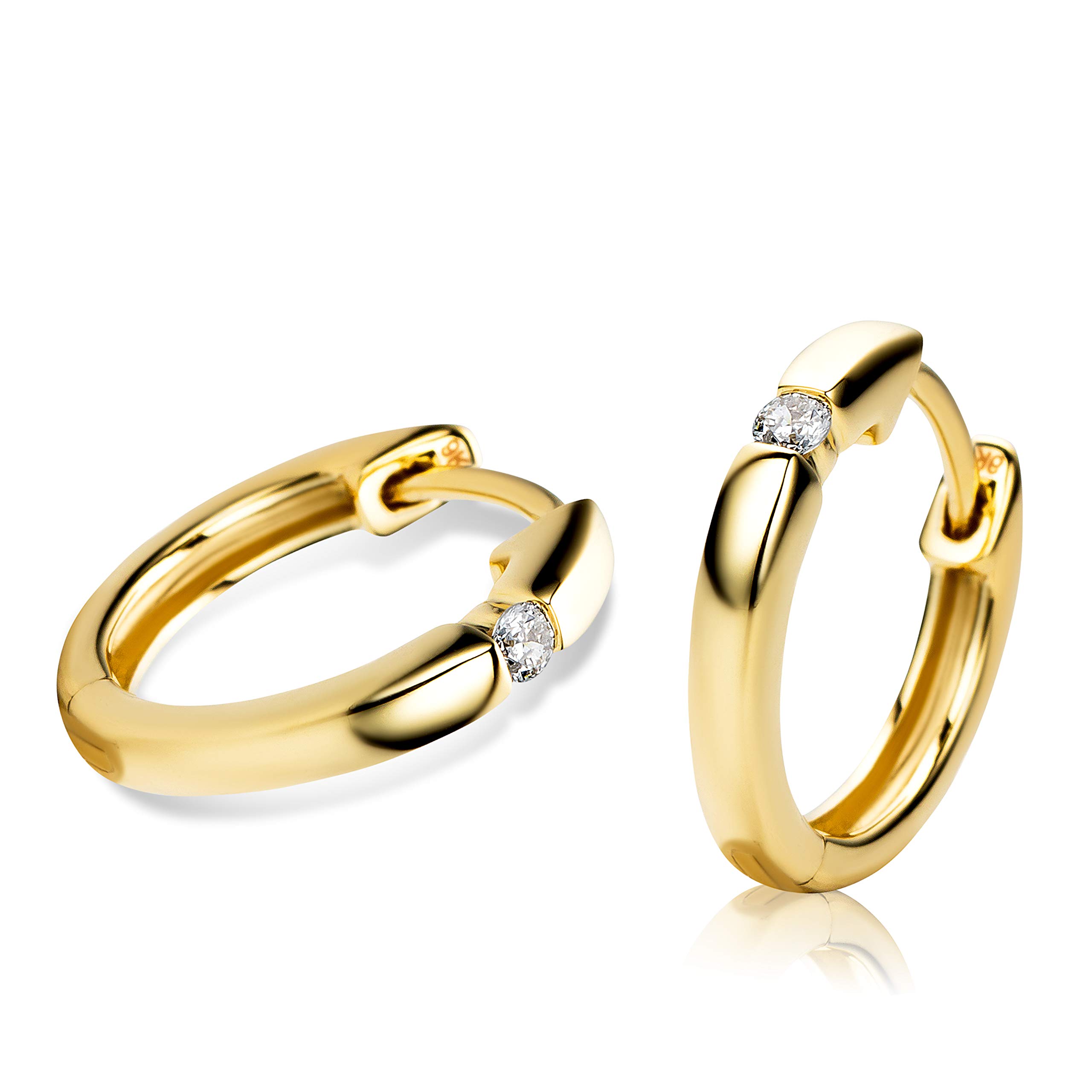 Orovi Schmuck Damen runde Solitär Brillant-Diamant-Creolen mit natürlichen Diamanten im Brillantschliff 0.07CT Zeitlose klassische Ohrringe aus Gelbgold 9 Karat(375) Gold, Kreolen-Durchmesser 13mm